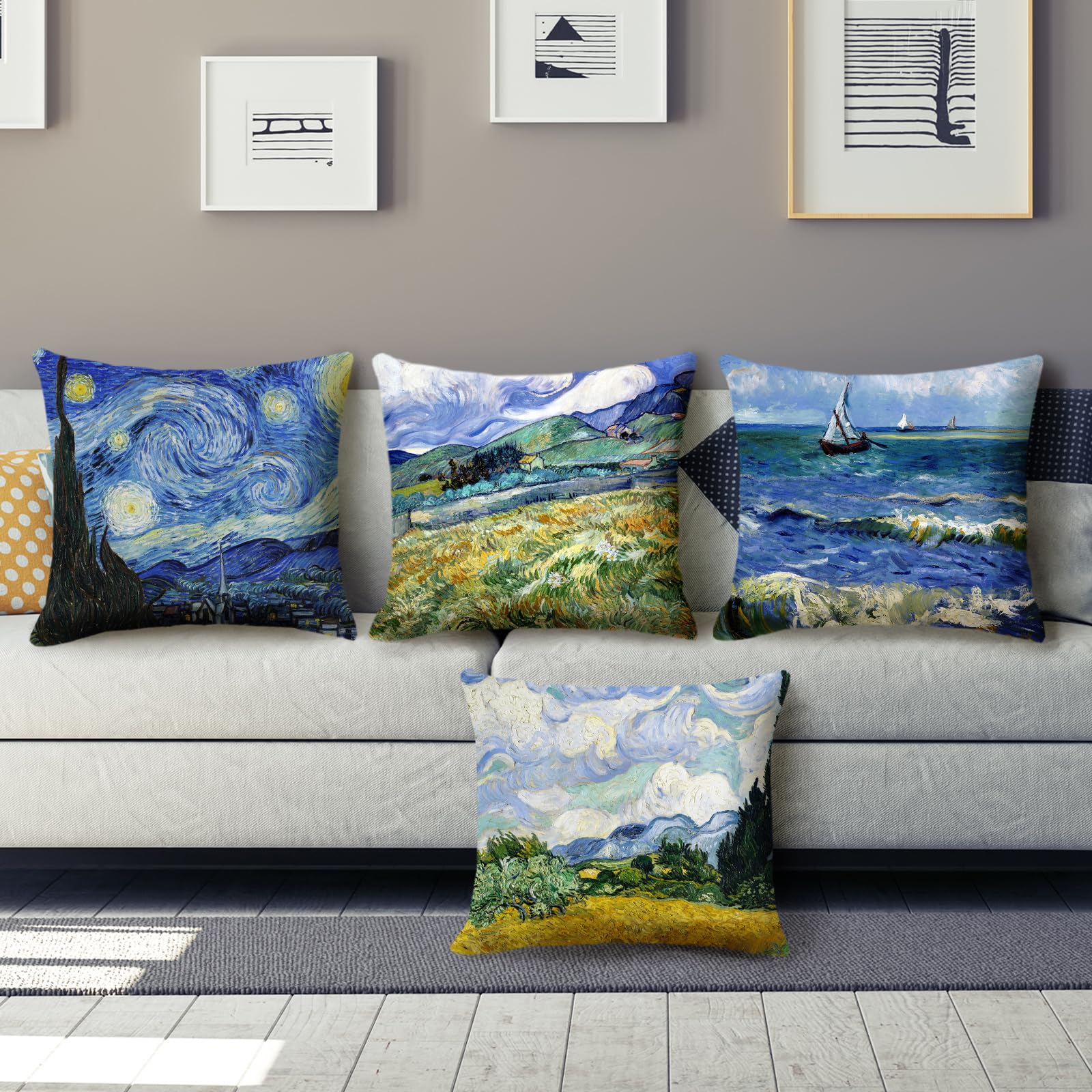 Van Gogh Starry Night Pillow Covers Set of 4 - 16x16 Inch Square Decorative Cushion Covers for Sofa, Couch & Bed - Inspired by Sea Starry Night Art Design (40x40 cm) - Perfect for Living Room, Bedroom & Home Decor