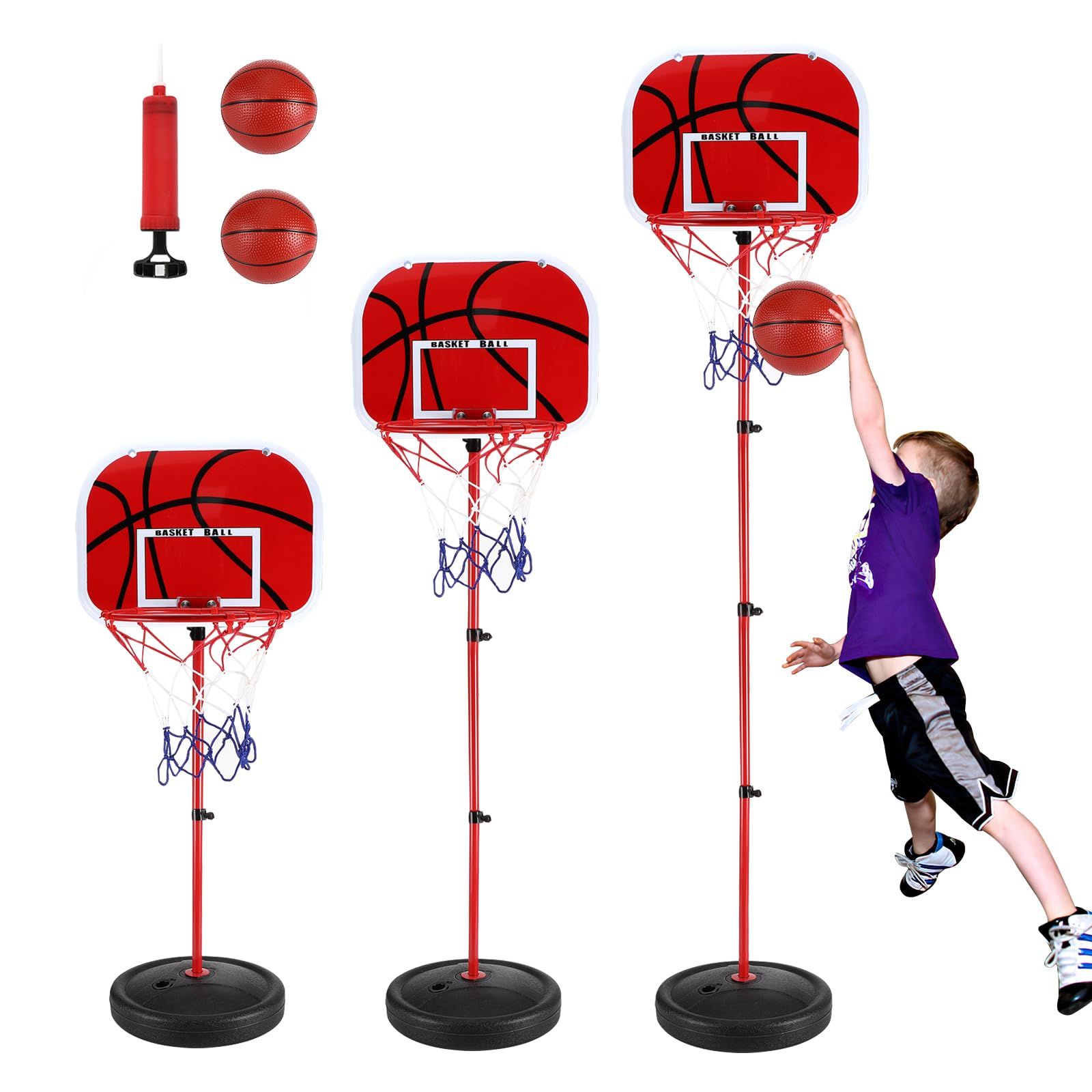 Adjustable Height Kids Basketball Hoop Set with 2 Balls & Pump - Indoor/Outdoor Basketball Goal for Boys & Girls Ages 3-8 - Perfect for Driveway, Backyard Play & Youth Basketball Training
