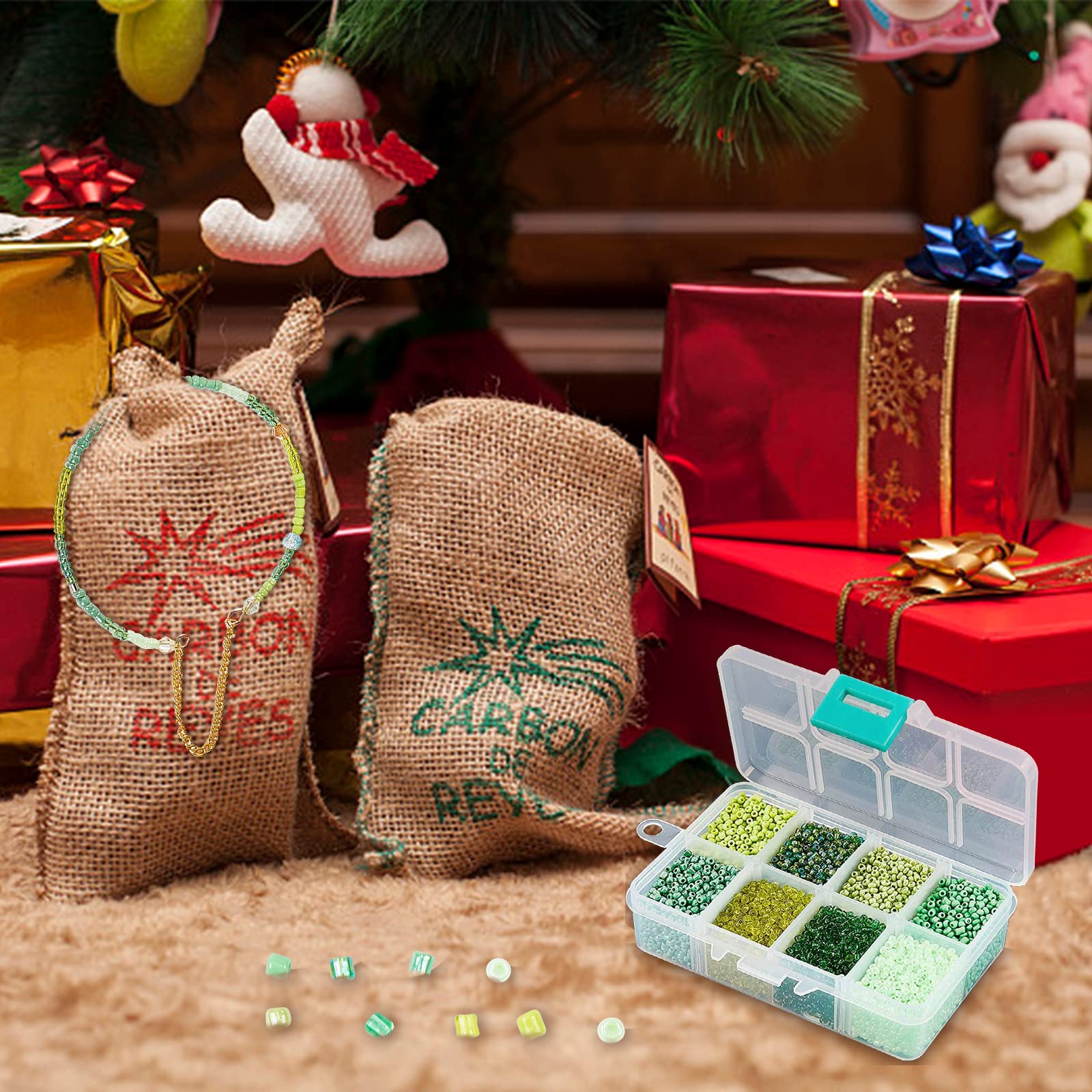 NBEADS 12500 Pcs 2mm Small Glass Seed Beads for Jewelry Making, 12/0 Mini Craft Beads with 1mm Hole - 8 Shades of Green for Christmas Bracelets, Earrings, Necklaces & DIY Gift Projects