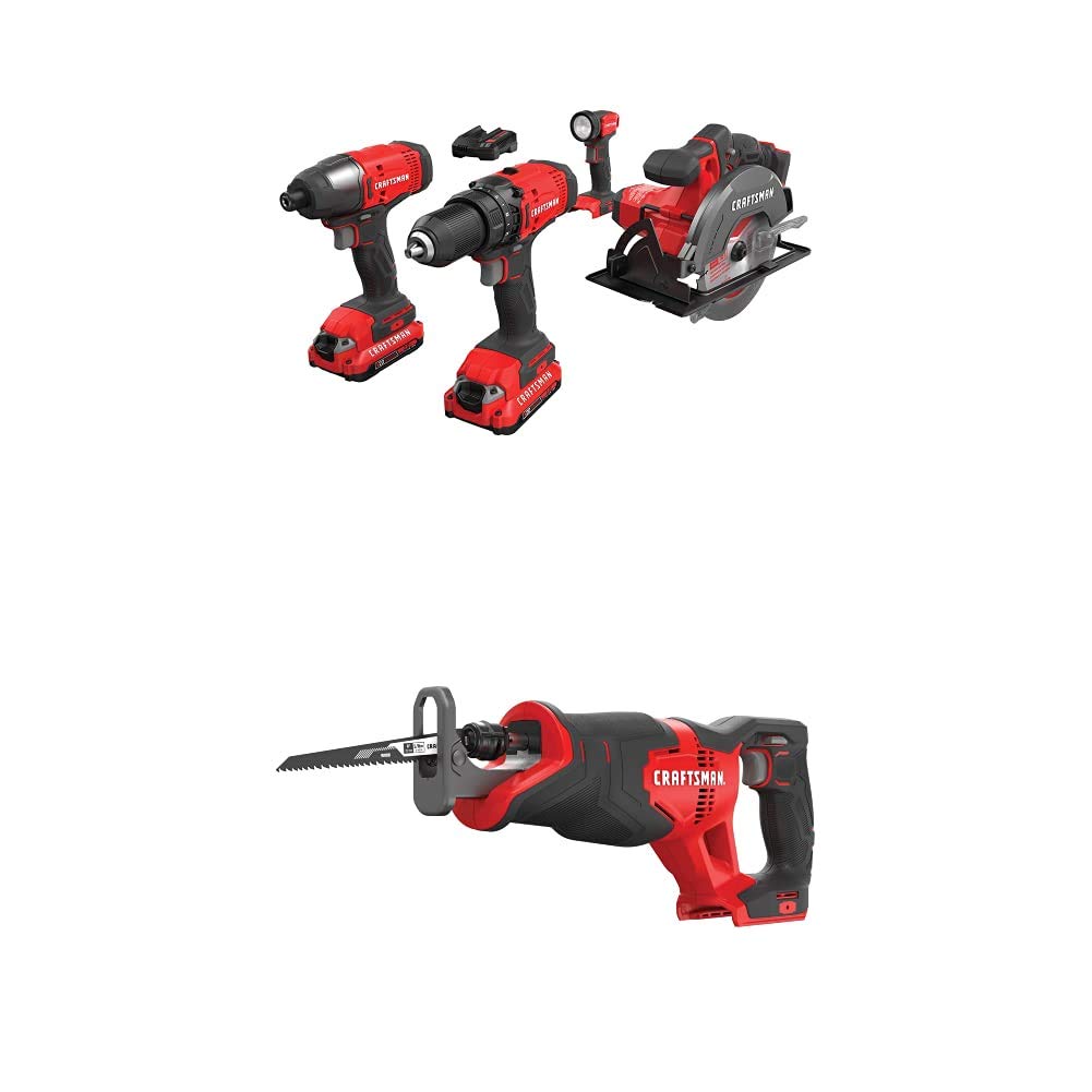 CRAFTSMAN 20V MAX Cordless Drill Combo Kit with Reciprocating Saw - 4 Tool Set (CMCK401D2 & CMCS300B) for Home Improvement, Woodworking, and DIY Projects
