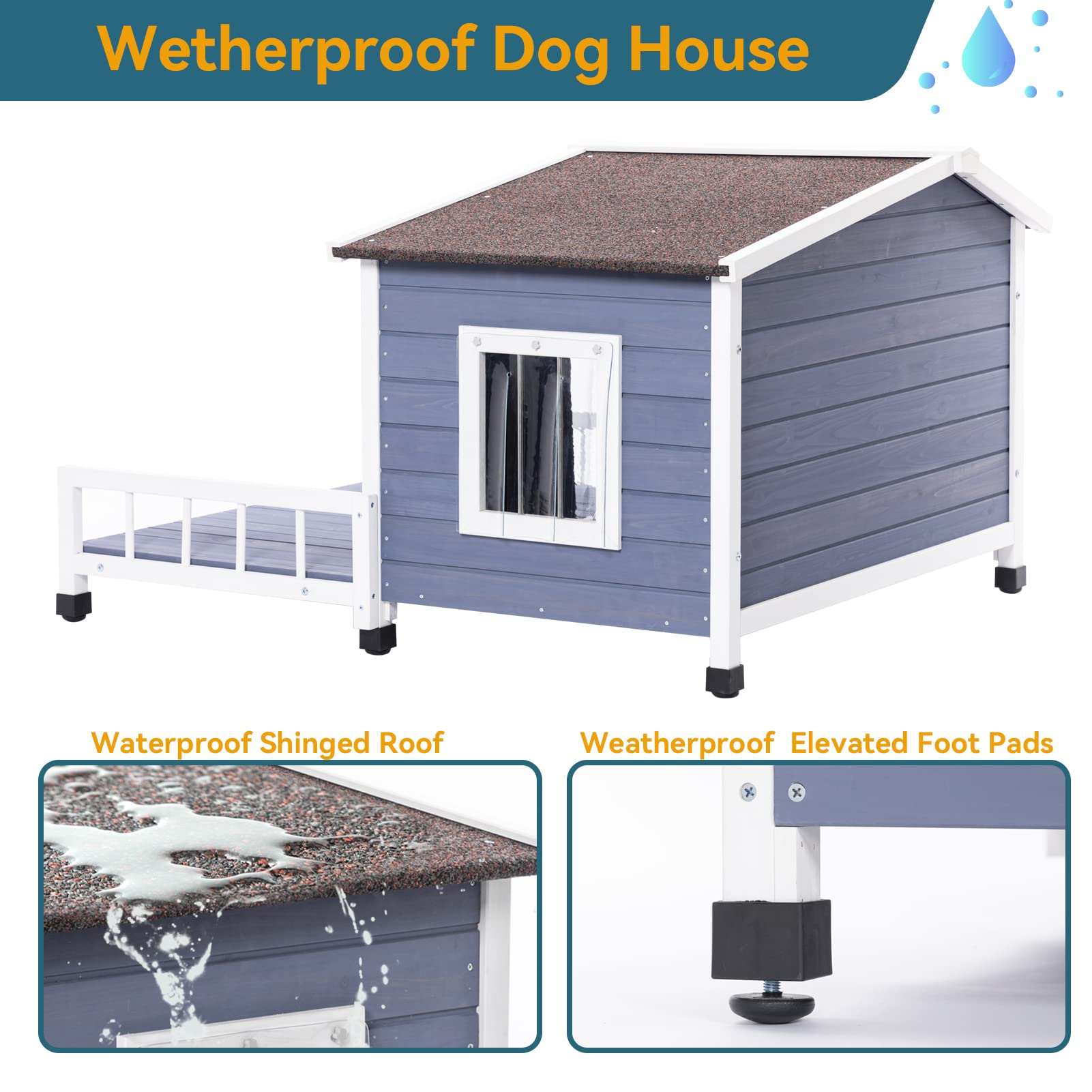 Petsfit Outdoor Dog House with Terrace & Removable Asphalt Roof - 40