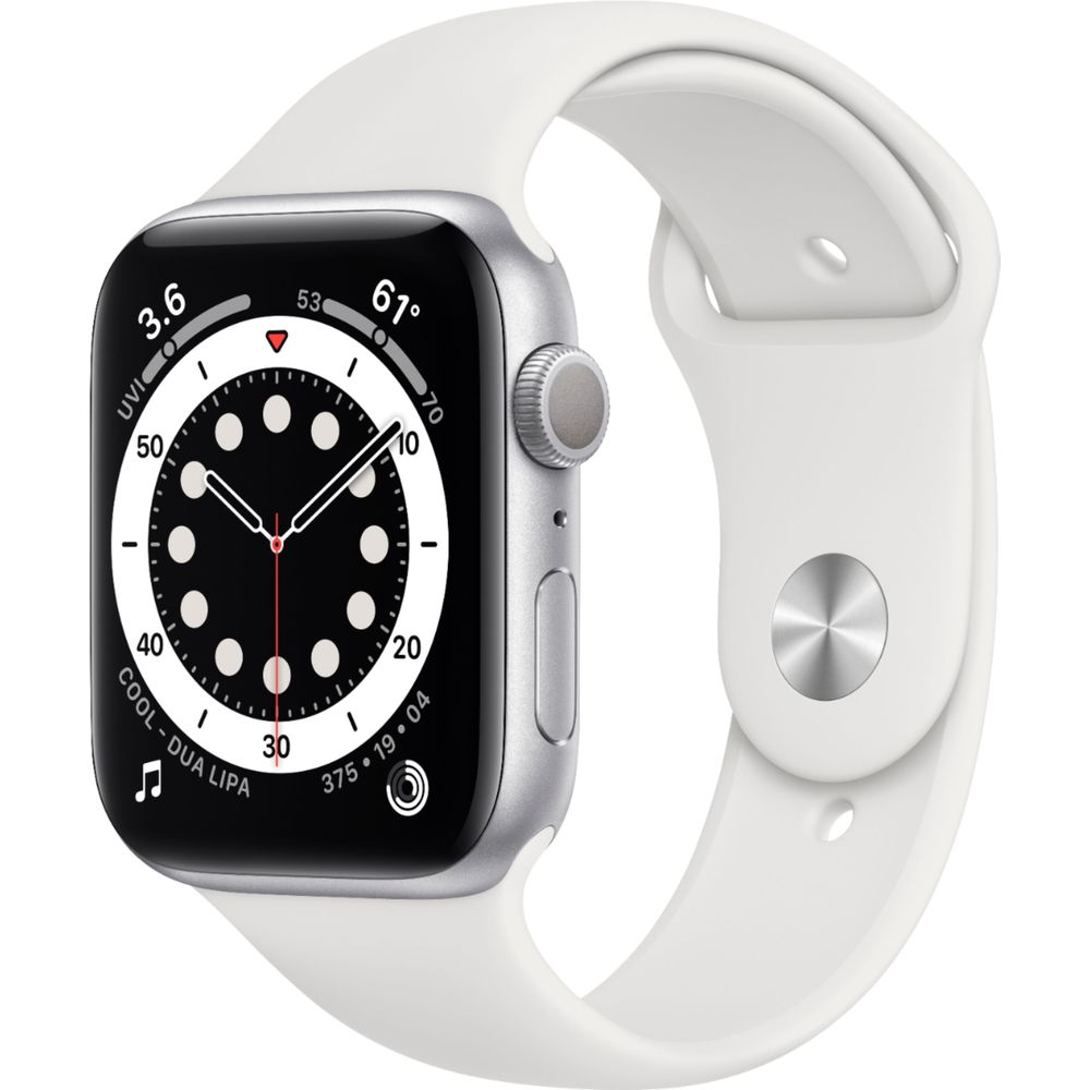Apple Watch Series 6 (Gen 6) 44mm Silver Aluminum Case with White Sport Band - M00D3LL/A | Smartwatch for Fitness Tracking, Heart Rate Monitoring & iPhone Connectivity | Perfect for Workouts, Swimming & Daily Wear