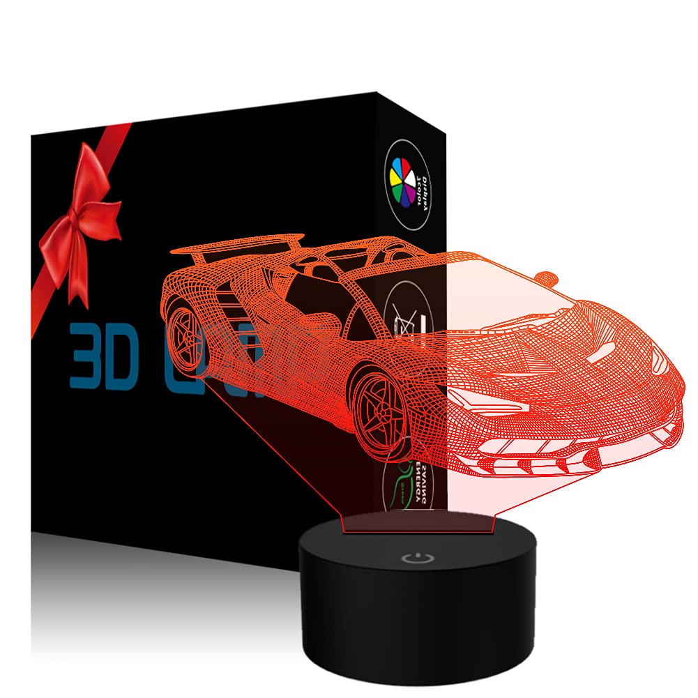 YKLWORLD 3D Illusion LED Night Light - USB Powered Race Car Lamp with 7 Color Changing Touch Control, Perfect for Bedroom, Desk, Kids Room Decor | Great Gift for Boys, Men, Car Enthusiasts & Christmas Presents | Creates Cool Ambiance for Gaming Rooms, Parties & Night Lights