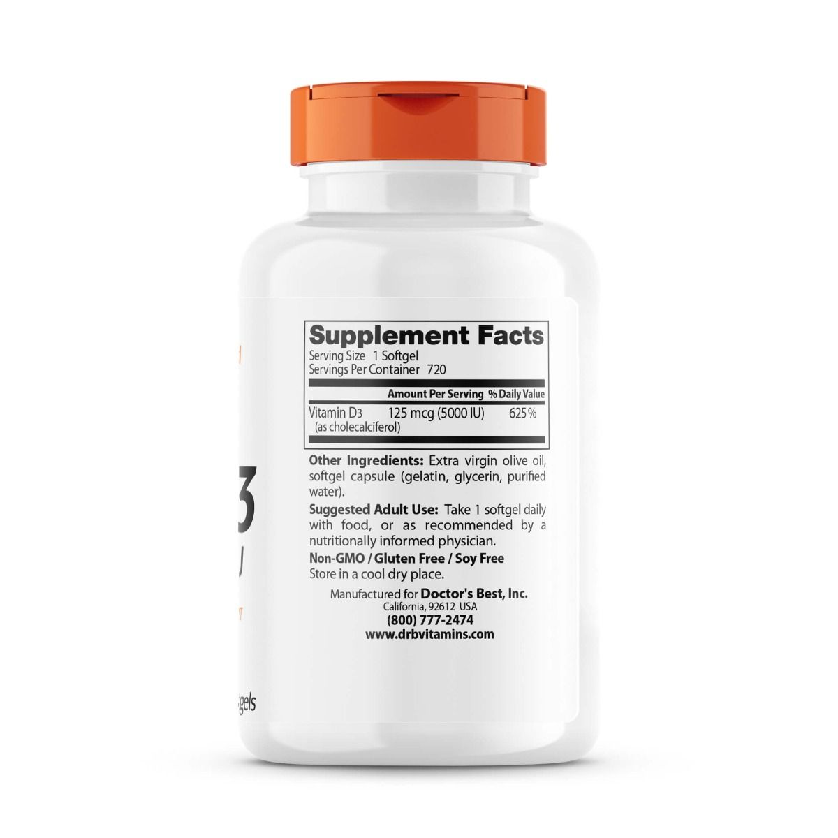 Doctor's Best High Potency Vitamin D3 125 mcg (5,000 IU) - 720 Softgels for Immune Support, Bone Health & Mood Enhancement - Perfect for Daily Supplementation & Winter Wellness