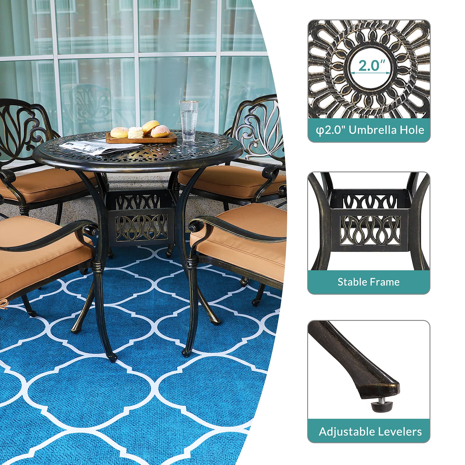 MEETWARM 5-Piece Outdoor Patio Dining Set - All-Weather Cast Aluminum Table & Chairs with Cushions - Garden, Backyard, Deck Furniture - Includes 4 Chairs, 4 Cushions & 1 Round Table with Umbrella Hole - Perfect for Outdoor Entertaining & Relaxation