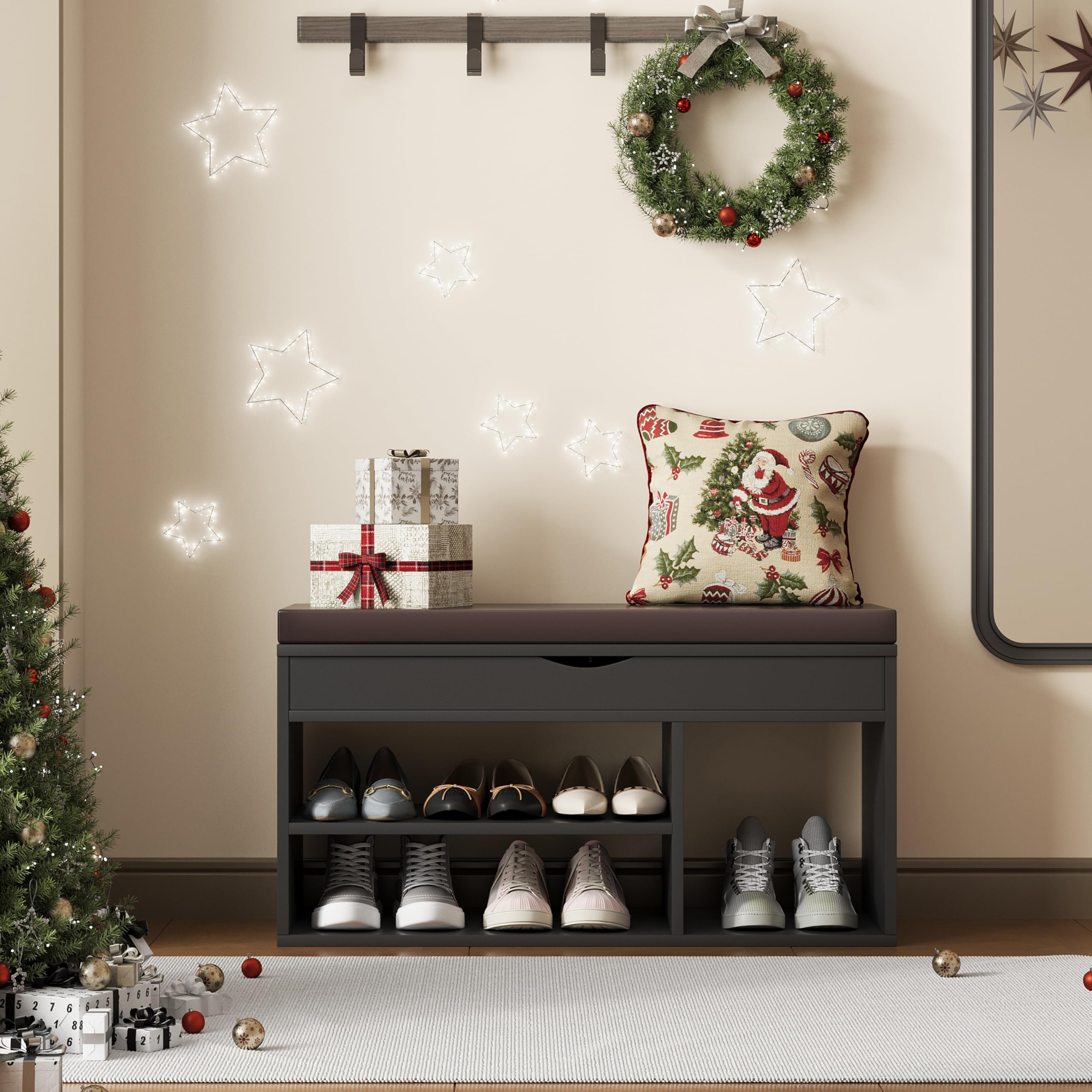 Apicizon 2-Tier Shoe Storage Bench with Padded Cushion - Wooden Entryway Bench with Shoe Rack, Black - Perfect for Hallway, Foyer & Mudroom Organization