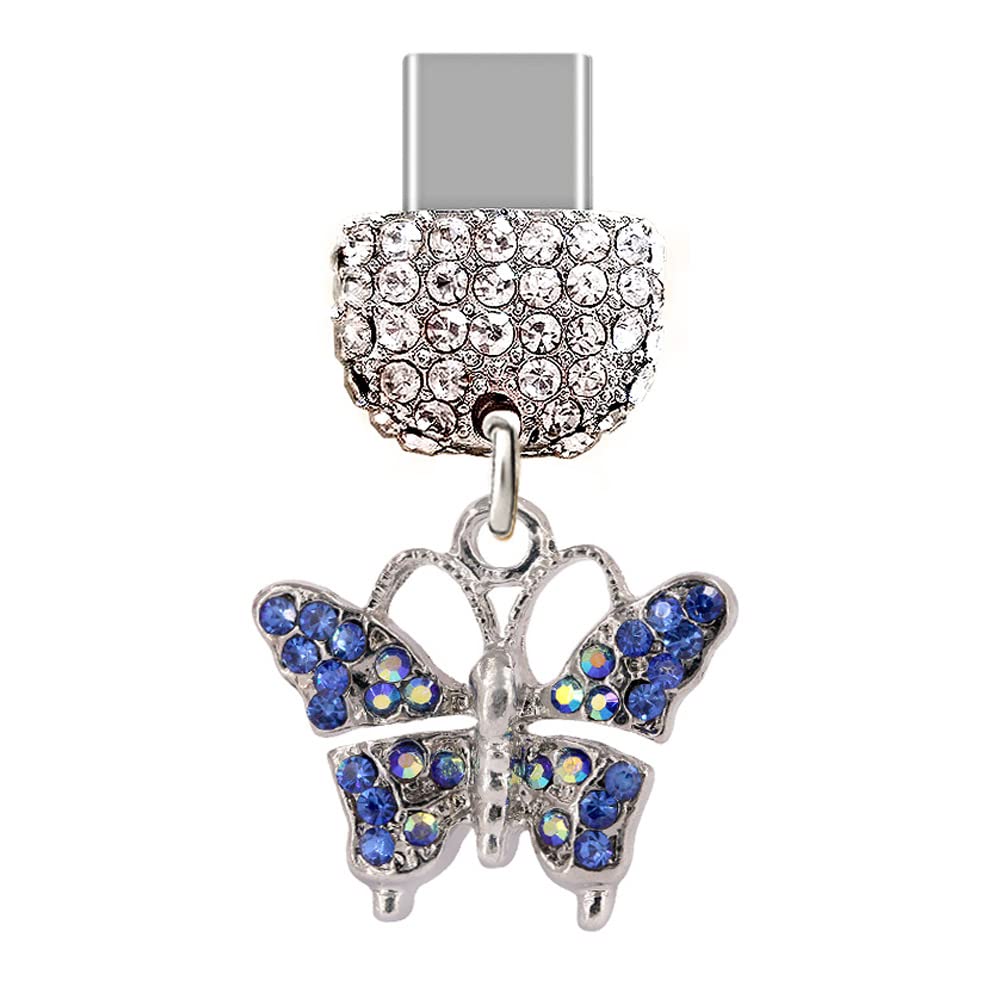ELISE & FONDA TP155 Crystal Anti-Dust USB-C Plug with Butterfly Charm - Compatible with Samsung Galaxy, Huawei, OnePlus, Xiaomi, OPPO Android Phones (Blue) - Perfect Phone Accessory for Protection & Style