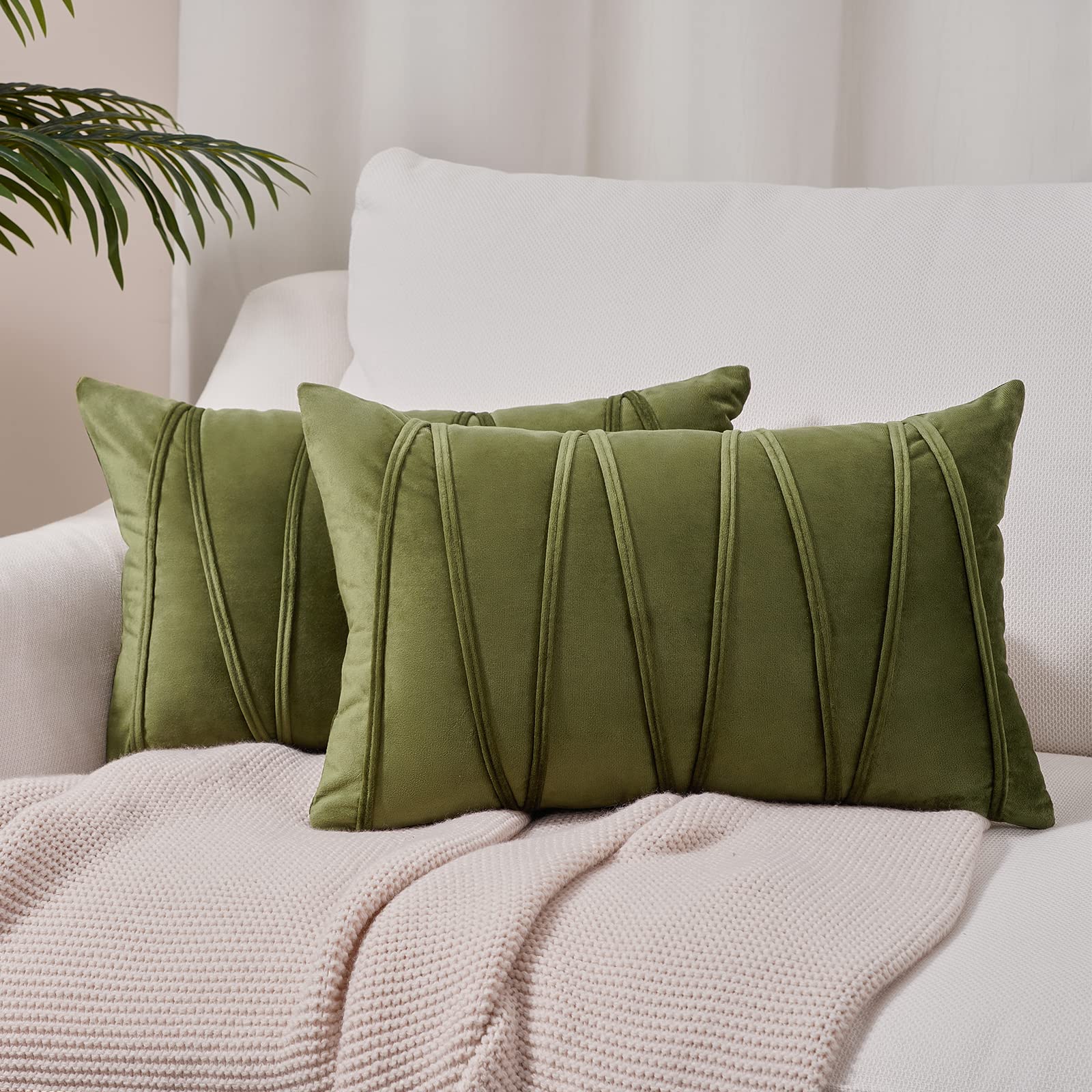 Premium Olive Green Velvet Lumbar Pillow Covers 12x20 Inch (Pack of 2) - Soft Solid Modern Throw Pillow Cases for Sofa, Bedroom, Car & Fall Decor - 30x50 cm Rustic Moss Green Cushion Covers