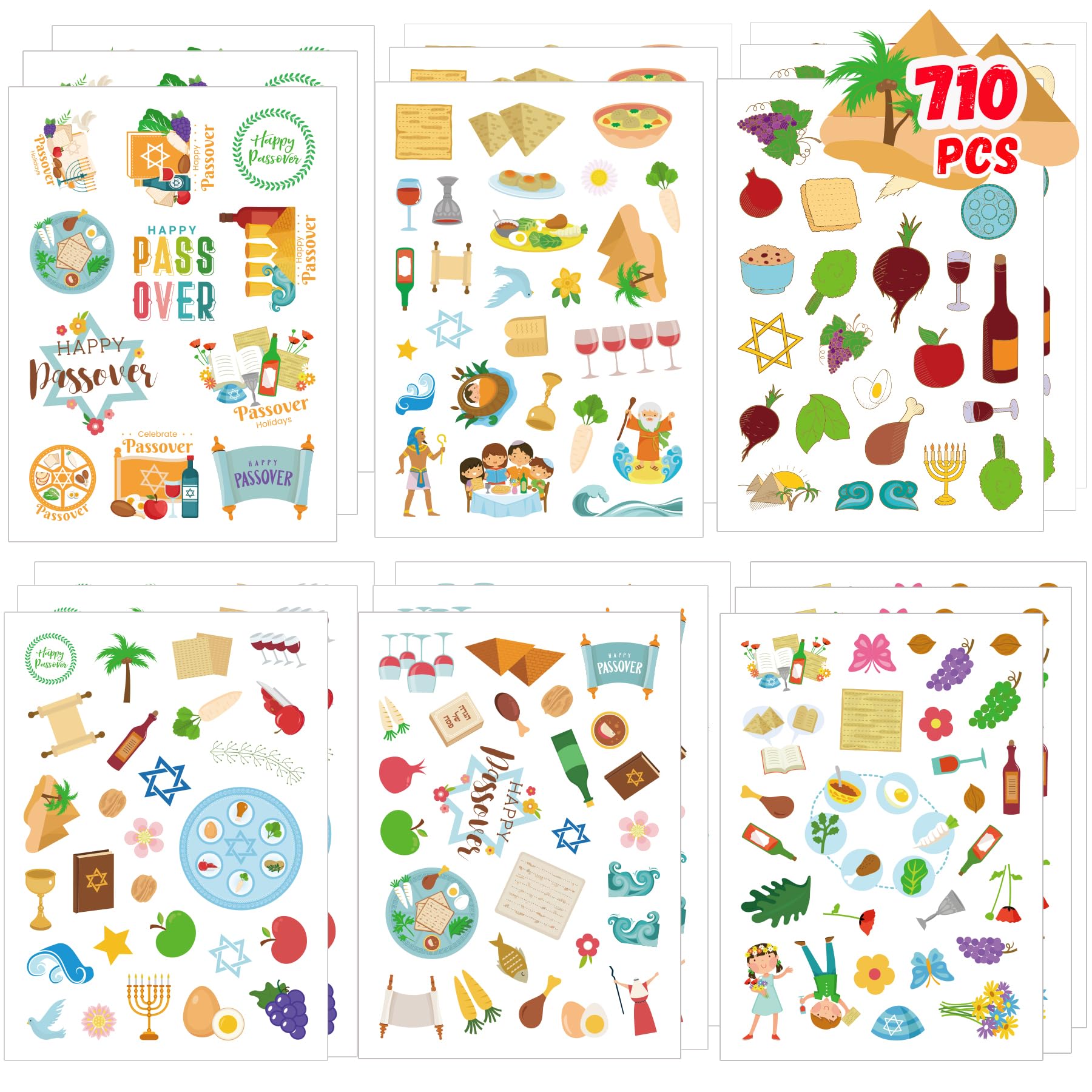 710 PCS Passover Stickers & Labels for Kids - Fun Karpas Beitzah Sticker Sheets, Passover Games & Party Decorations - Perfect for Seder Plate Marking, Kids' Activities & Holiday Favors