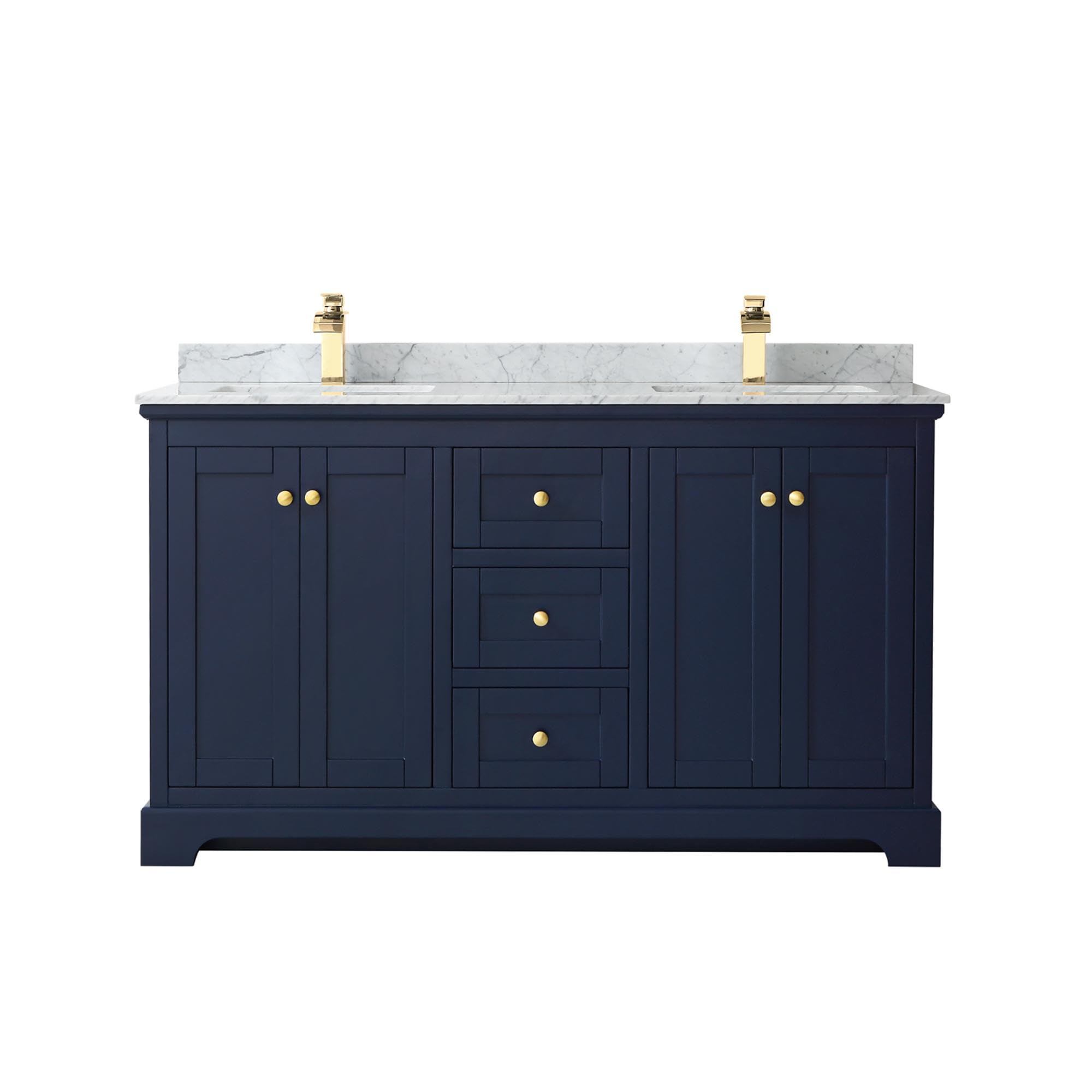 Wyndham Collection Avery 60 Inch Double Bathroom Vanity - Dark Blue with White Carrara Marble Countertop & Undermount Square Sinks | Modern Bathroom Furniture for Master Bath or Guest Bath Renovation