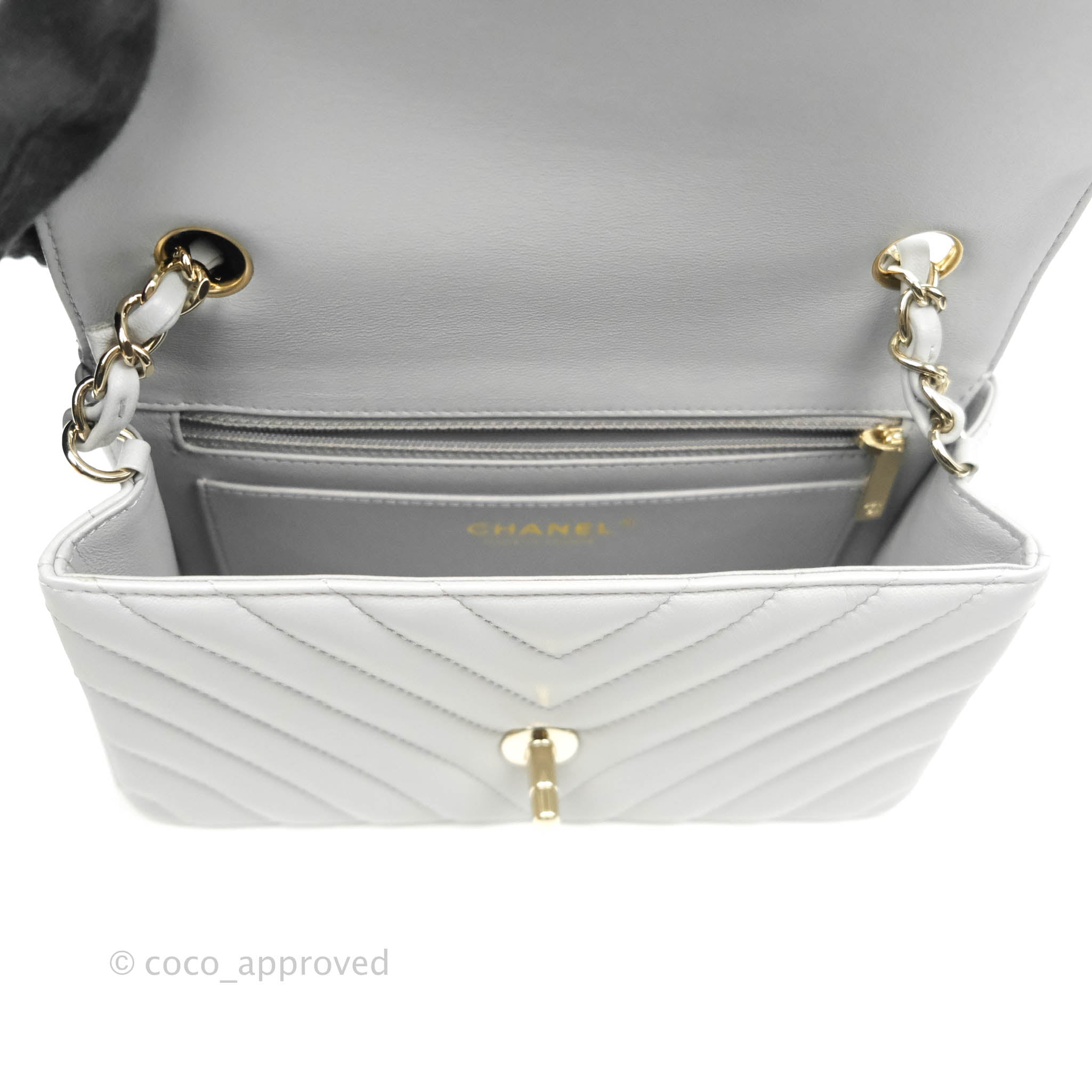 Chanel Chevron Mini Rectangular Flap Bag in Grey Lambskin Leather with Gold Hardware - 20S Collection | Luxury Crossbody Purse for Women, Perfect for Parties & Evening Events