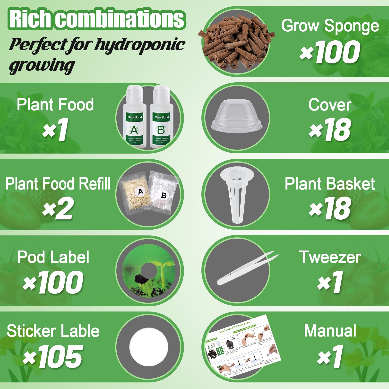 Hydroponic Pods Kit for Aerogarden - 100pcs Growing Sponge, Plant Basket, Seed Starter Kit with Pod Labels & Plant Food | Compatible with Indoor Hydroponic Systems | Perfect for Home Gardening, Herb Growing & Indoor Farming