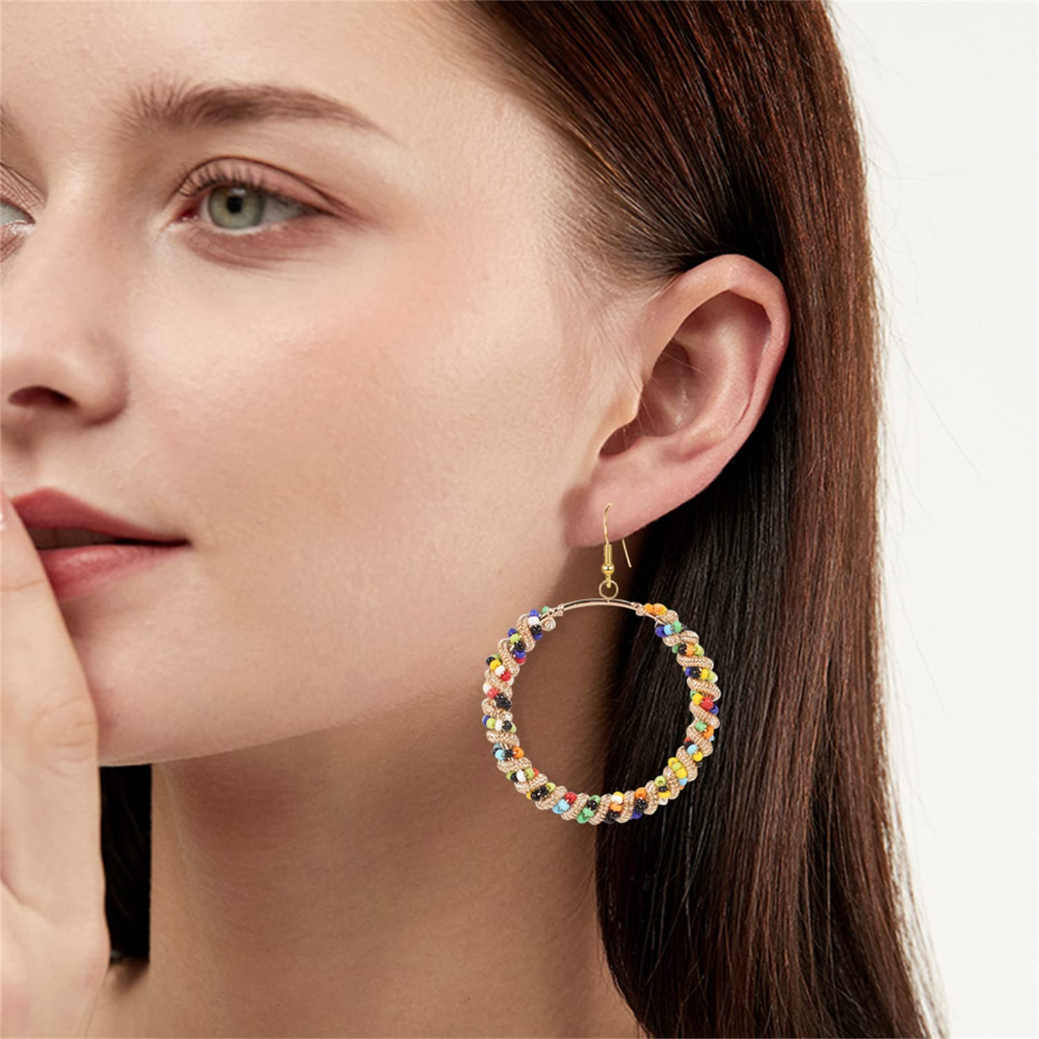 Handmade Boho Colorful Love Heart Beaded Hoop Earrings for Women - Bohemian Circle Round Beaded Dangle Drop Earrings, Unique Chic Oval Geometry Jewelry - Perfect for Festivals, Parties & Gift Giving