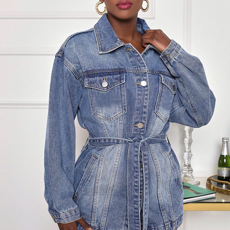 Stylish Mid-Length Denim Jacket with Adjustable Belt - Perfect for Casual Outfits & Layering in Fall/Spring
