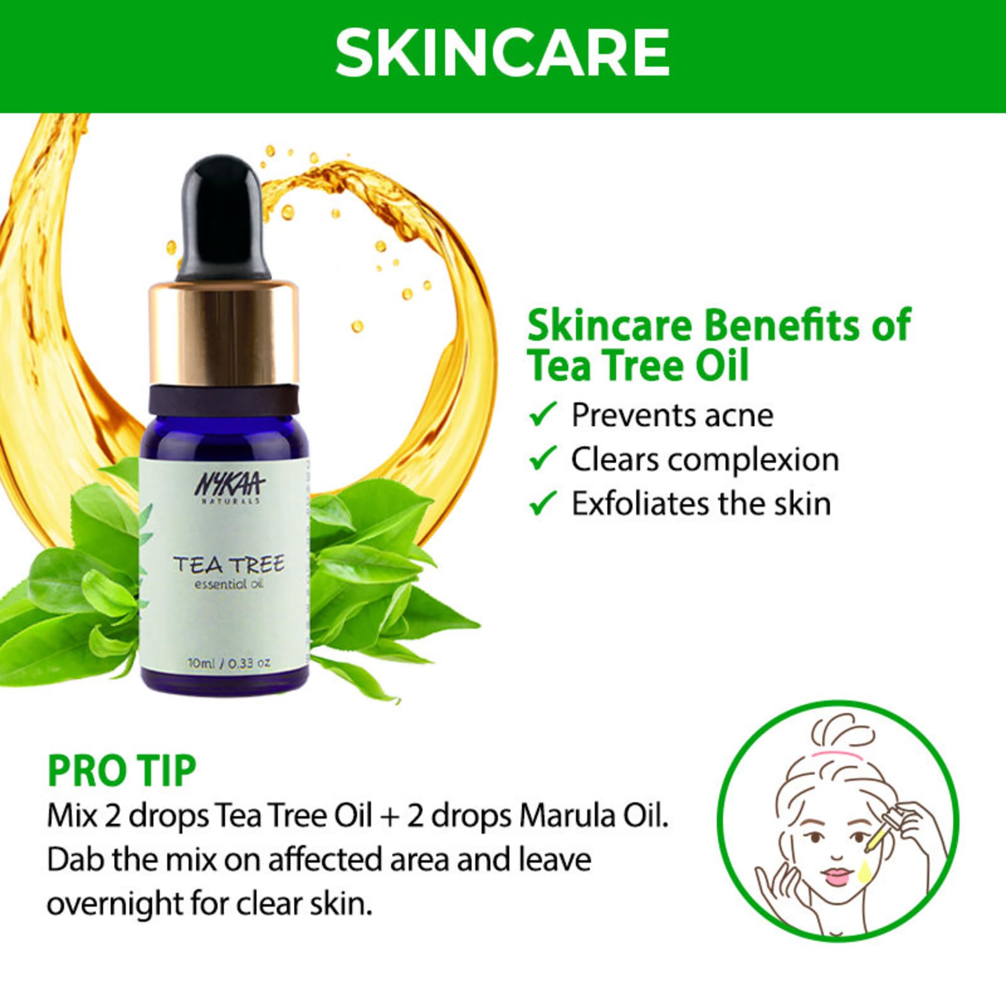 Nykaa Naturals Tea Tree Essential Oil, 10ml - 100% Pure Cold Pressed Oil for Skin & Hair Care - Promotes Hair Growth, Scalp Treatment, Fights Dandruff & Acne - Perfect for Aromatherapy, DIY Beauty & Natural Remedies