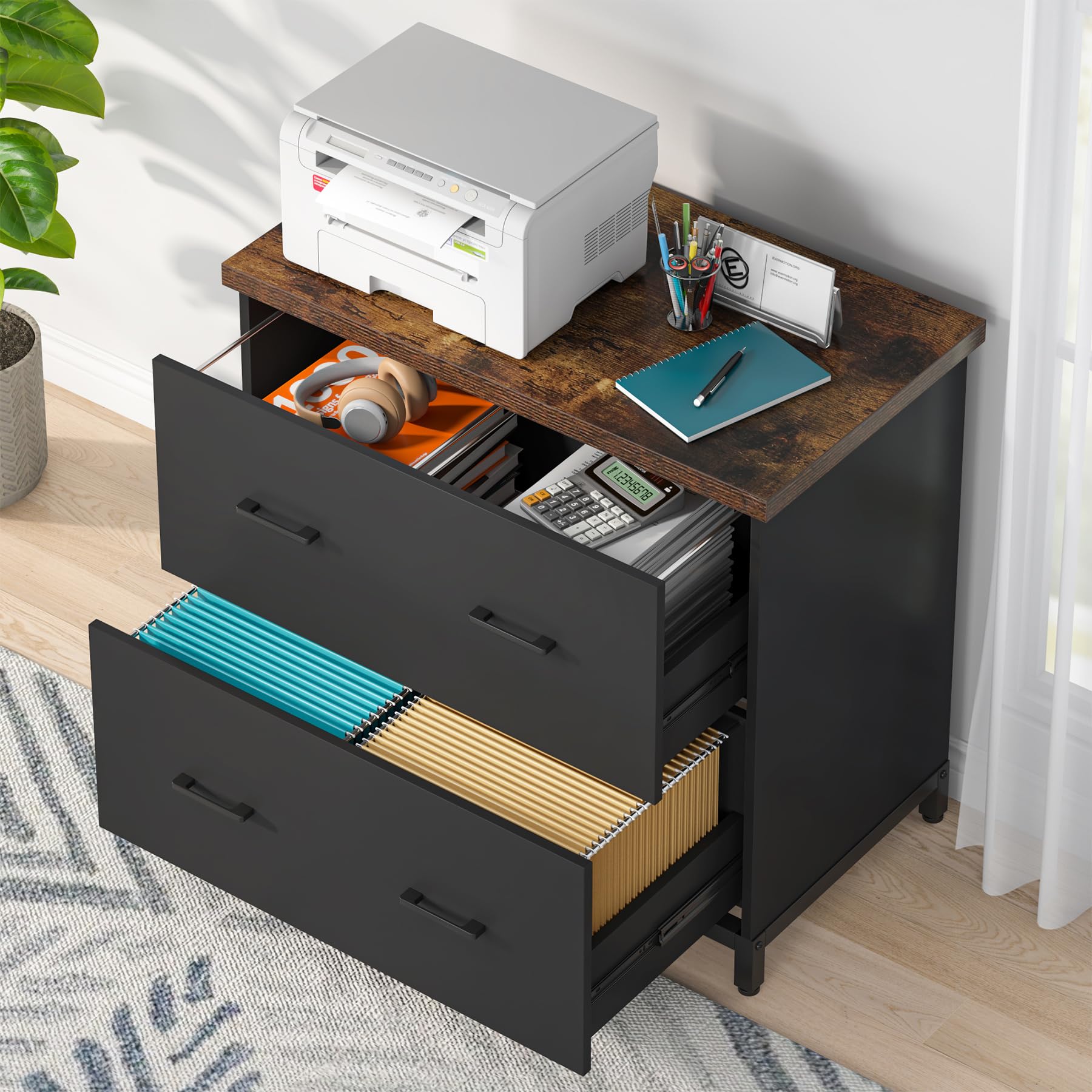 Tribesigns 2-Drawer Wood Lateral File Cabinet - Home Office Storage for A4 & Letter Size Documents - Brown & Black Filing Cabinet for Office Organization & Paper Storage