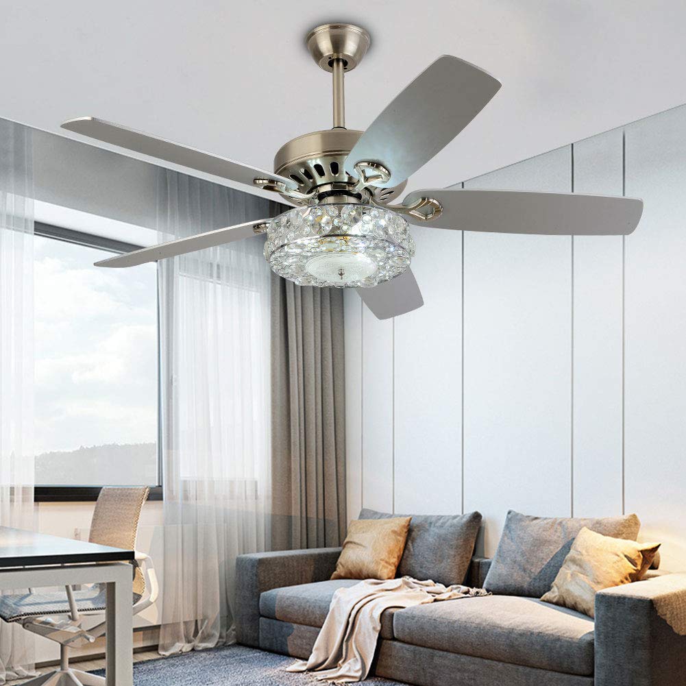 52 Inch Reversible Ceiling Fan with Remote Control & Crystal Chandelier Lights - Modern Indoor Ceiling Fan for Bedroom, Living Room & Dining Room - Energy Efficient Cooling & Stylish Home Decor