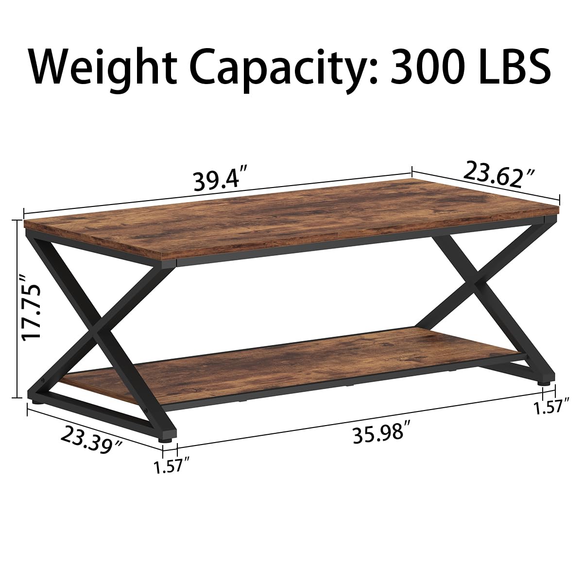 HSH Rustic Brown Wood Coffee Table with Storage - 39 Inch Modern Farmhouse 2-Tier Center Table for Living Room, Home Office & Bedroom | Rectangle Cocktail & Tea Table for Minimalist Decor & Small Space Organization