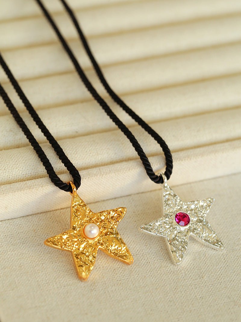 Stylish Black Rope Pentagram Planet Necklace with Dazzling Stars - Perfect for Gothic Fashion, Witchy Aesthetics & Celestial Jewelry Lovers