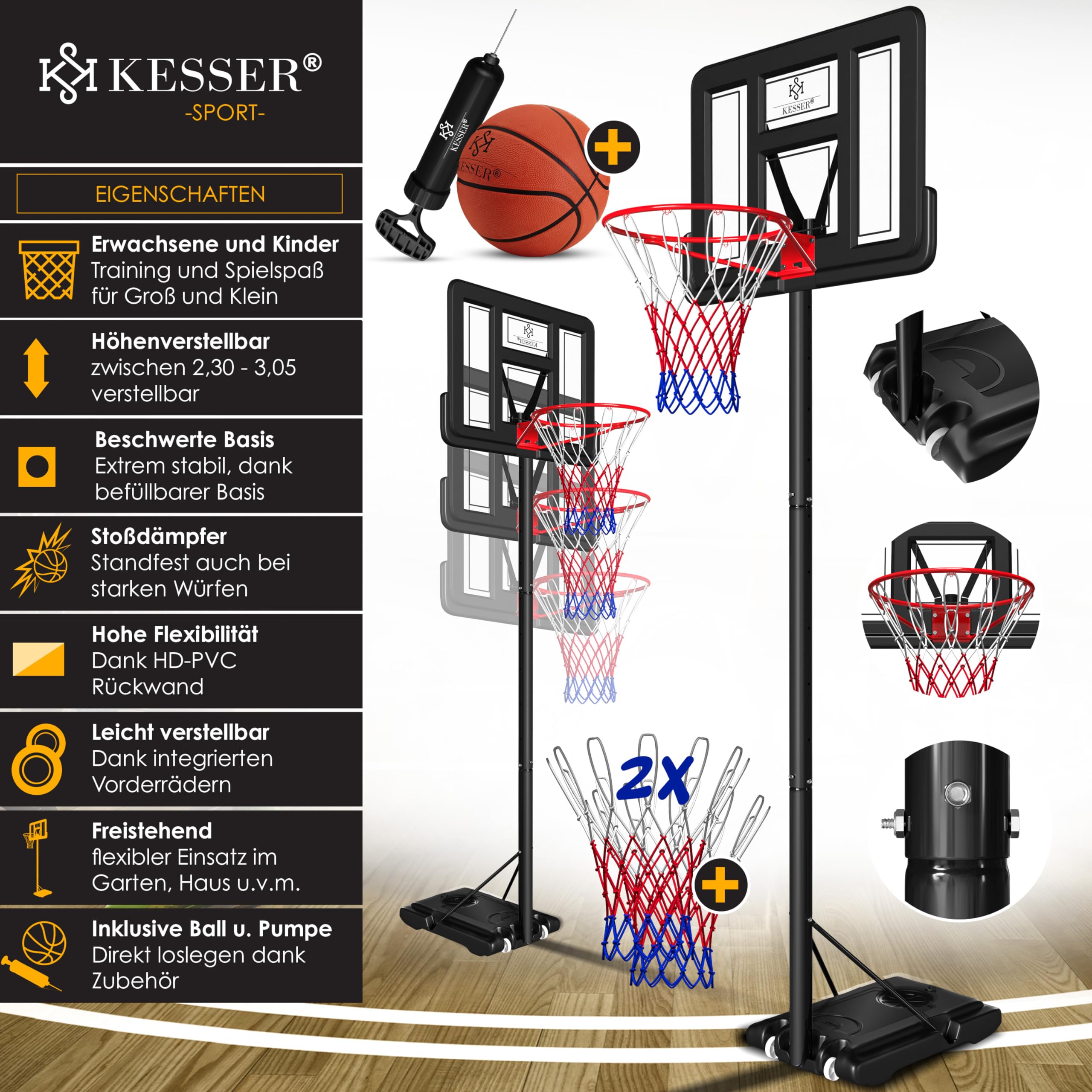 Premium KESSER® Adjustable Basketball Hoop with Stand & Wheels - 7.5ft to 10ft Height Adjustment - Includes Basketball & Air Pump - Indoor/Outdoor Basketball Goal System for Kids & Adults - Perfect for Driveway, Backyard & Gym Training