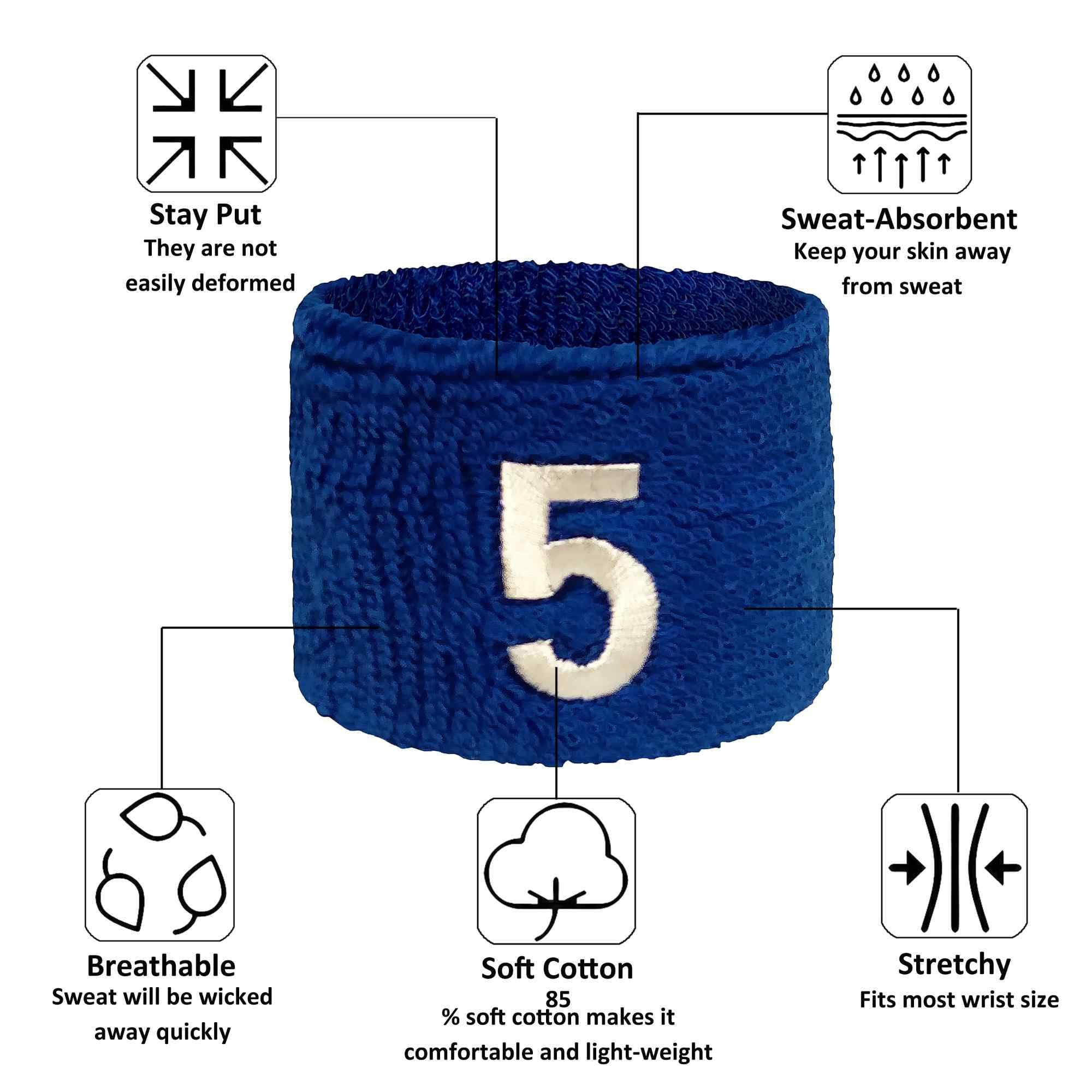 Unisex Blue Sports Wristbands with Number Embroidery - Sweat Absorbent Athletic Wristbands for Running, Basketball, Tennis & Workout - One Size (1 Piece)