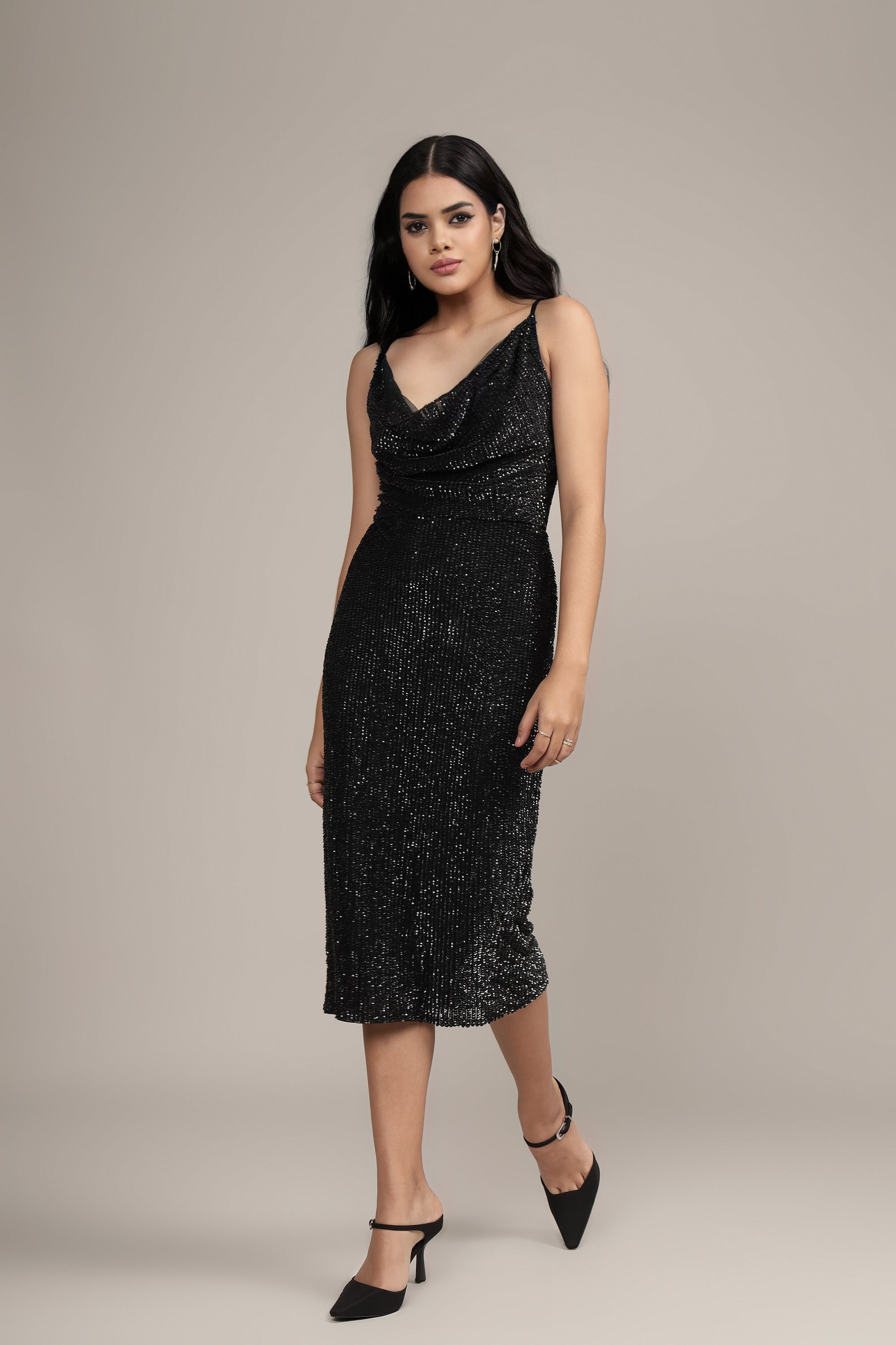 Asher Embellished Black Midi Dress for Women - Elegant Party & Evening Wear for Weddings, Cocktail Events & Special Occasions