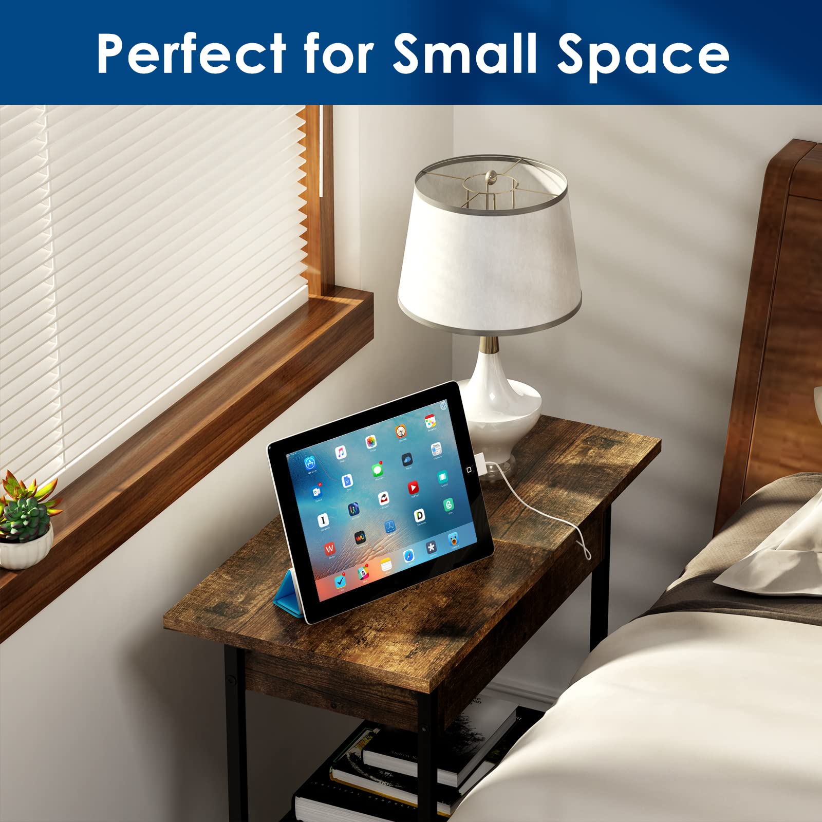 SAUCE ZHAN Narrow End Table with USB Ports & Outlets, Small Space Sofa Side Table with Storage Shelf - Charging Station Nightstand for Bedroom, Living Room, Office - Brown Wood Finish | Perfect for Compact Spaces, Phone Charging & Bedside Storage