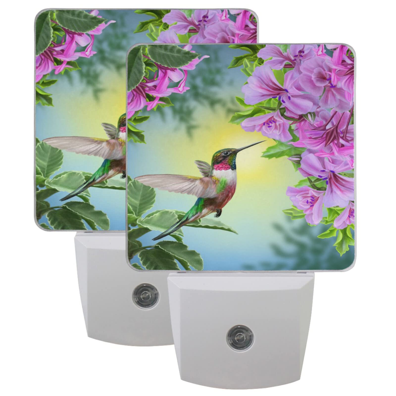 Spring Hummingbird Night Light Set of 2 - Purple Flower LED Plug-in Nightlights with Auto Dusk-to-Dawn Sensor for Bedroom, Bathroom, Kitchen, Hallway & Stairs | Perfect for Nursery Decor, Kids Room, Outdoor Patio & Gift Ideas