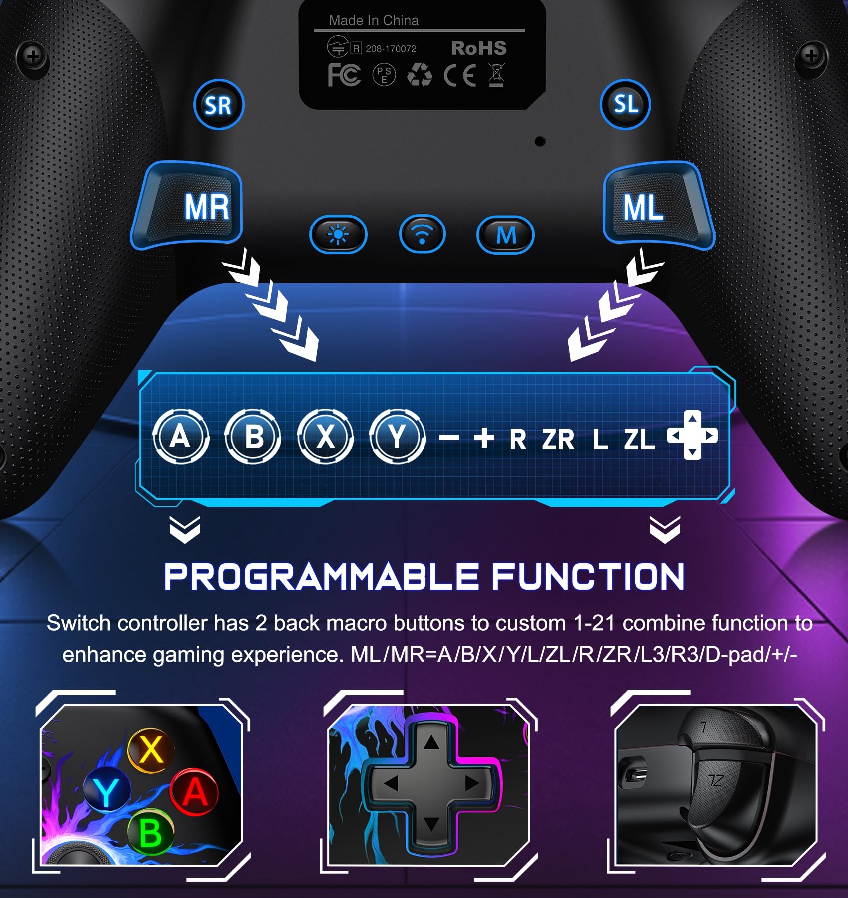 Wireless Pro Controller for Nintendo Switch/Switch Lite/OLED - LED Gamepad with Macro, Turbo, Motion Control & Vibration - Compatible with iOS, Android & PC - Perfect for Gaming, Streaming & Multiplayer Battles