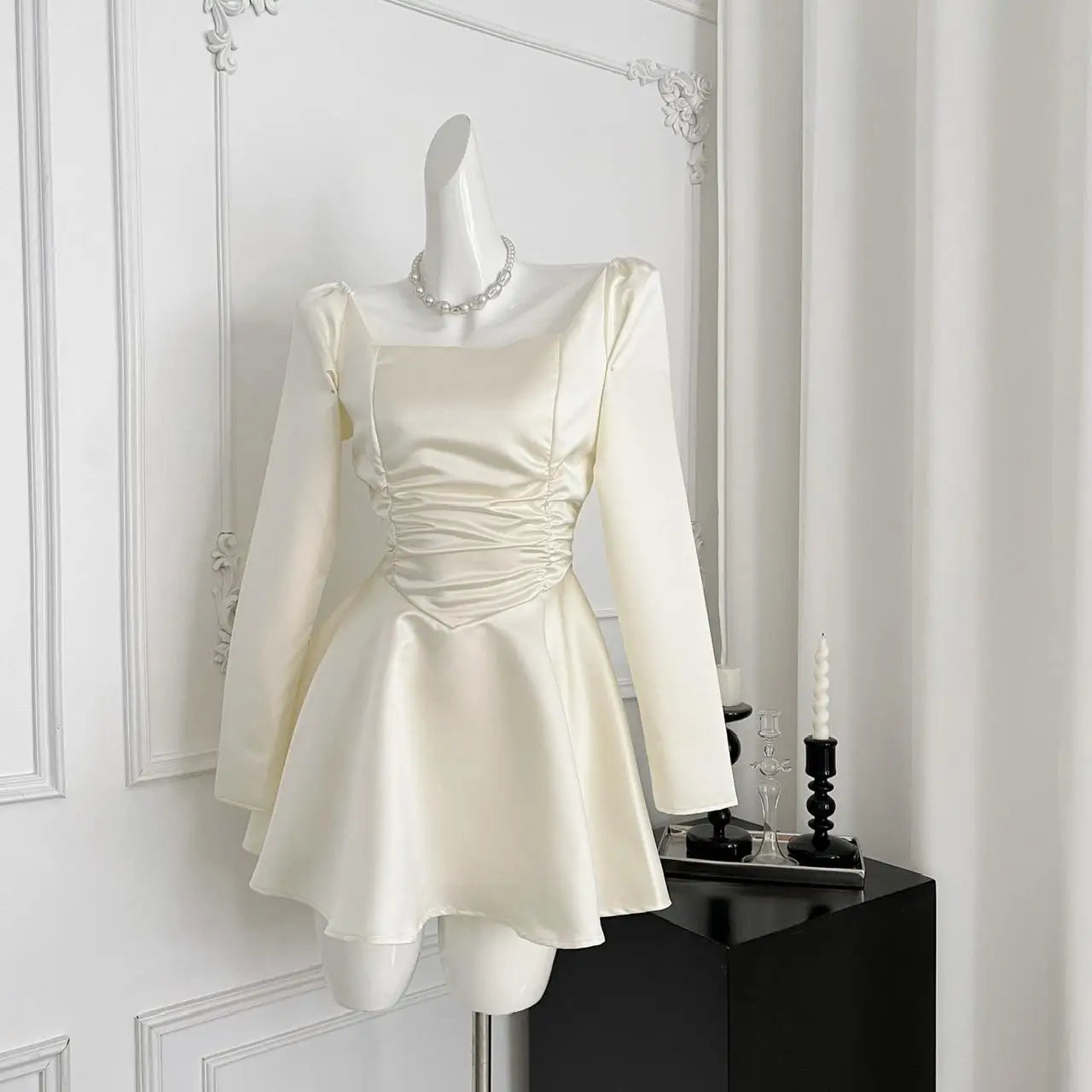 2024 Women's Fashion Square Neck Long Sleeve Pleated Mini Dress - Elegant High Waist Party Dress in Beige | Perfect for Cocktail Parties, Date Nights & Holiday Events