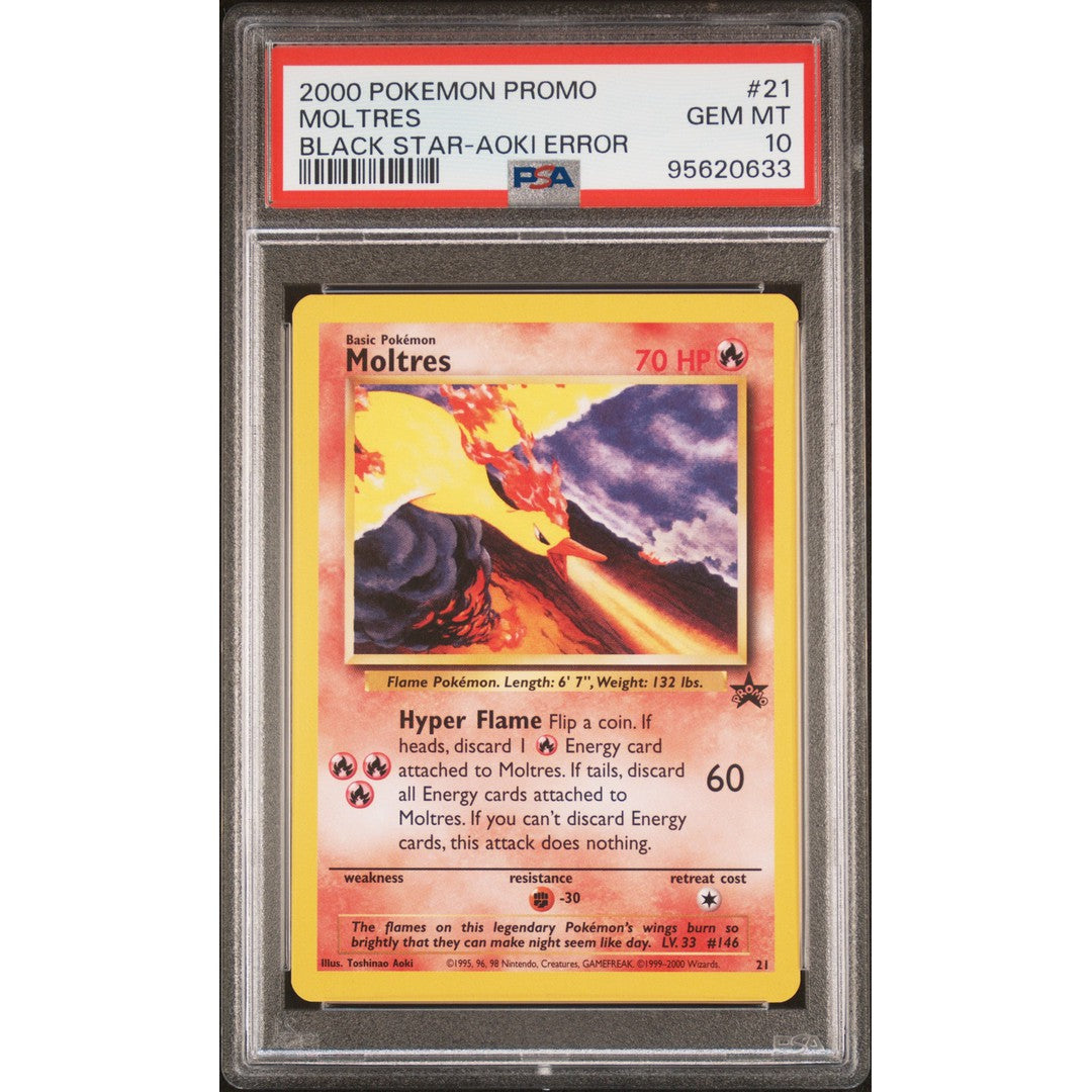 2000 Pokemon Promo Black Star #21 Moltres Toshinao Aoki Error Card PSA 10 Gem Mint - Rare Collectible for Pokemon TCG Fans & Investors - Perfect for Display, Gaming, and Trading