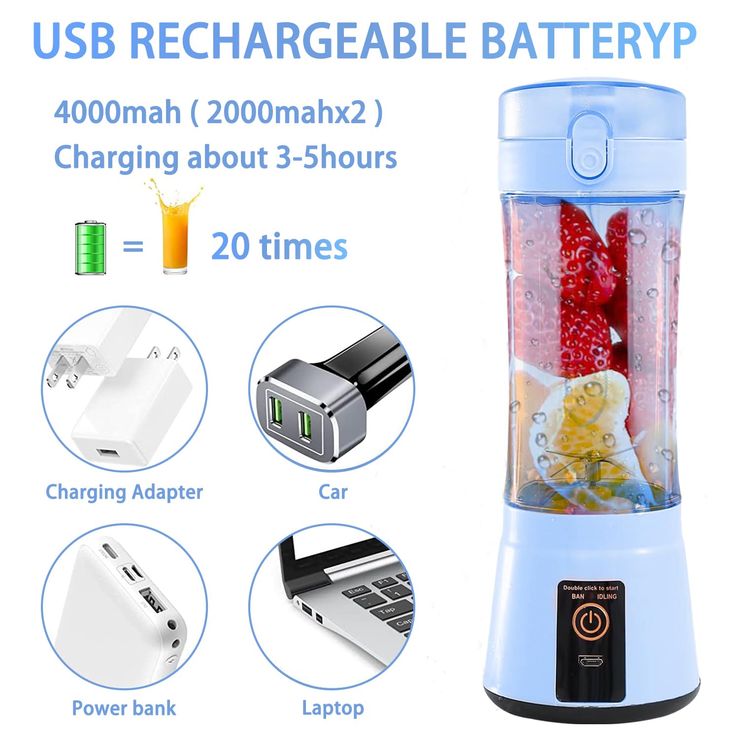 13.5oz Portable USB Rechargeable Blender - Mini Personal Smoothie Maker & Juicer Cup for Shakes, Juices, Protein Drinks | Home, Office, Gym, Travel & Outdoor Use | Compact, Leak-Proof & Protective Design (Model BM1-B1)