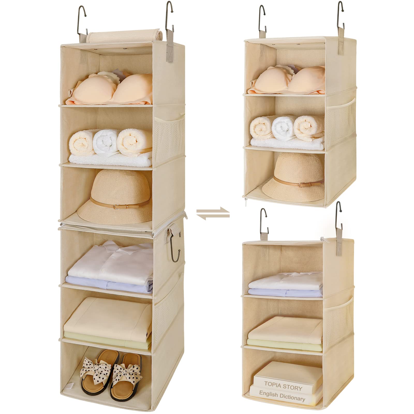 Topia Home 6-Shelf Hanging Closet Organizer with Mesh Pockets - Space Saving Wardrobe Storage for Bedroom, Baby Nursery, RV & Travel Trailers - Beige Clothes Shelves (TP07Y) - Perfect for Small Spaces & Organization Needs