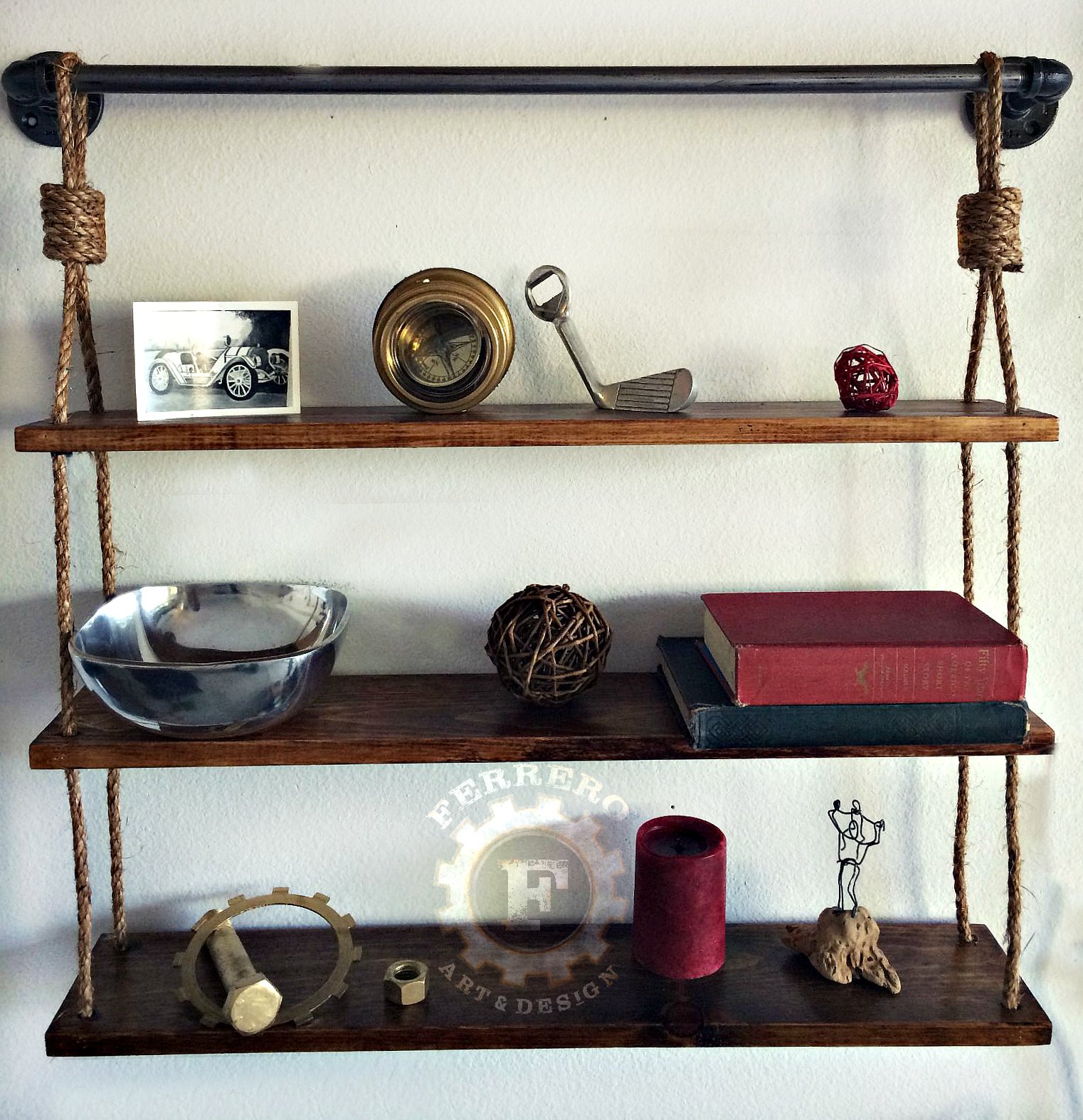 Rustic Hanging Pipe Shelf - Wooden Wall Mounted Bookshelf for Bathroom, Kitchen & Living Room Decor | Farmhouse Style Storage Organizer for Books, Plants & Home Essentials