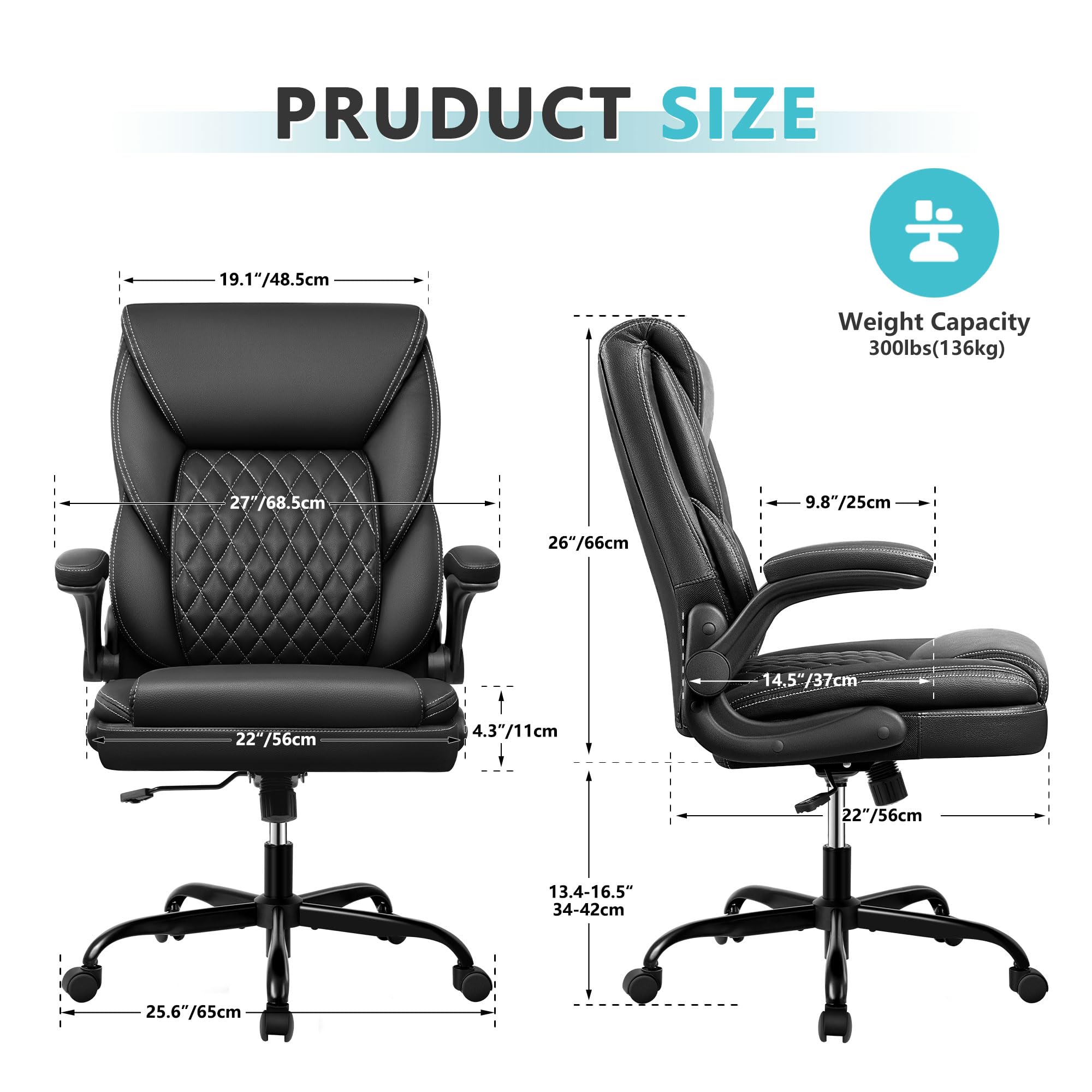 Premium Ergonomic Office Chair - Executive Leather Desk Chair with Adjustable Flip-Up Arms & Lumbar Support - Swivel Task Chair with Rocking Function for Home Office, Computer Work & Gaming (Black) - Perfect for Long Work Hours & Comfortable Workspaces