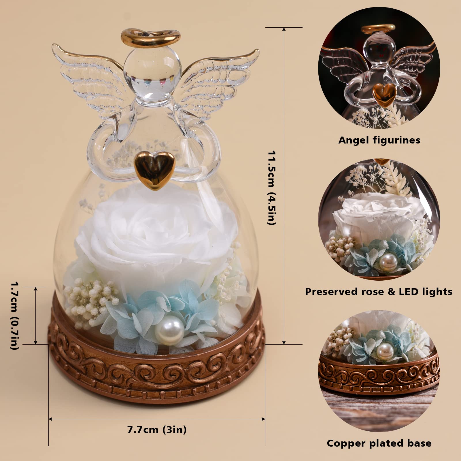 Real Preserved Rose in Glass Angel Figurine with LED Light - Romantic Angel Gift for Women, Mom, Wife, Grandma - Perfect for Mother's Day, Christmas, Birthday, Anniversary - Home Decor & Special Occasion Gift (White)