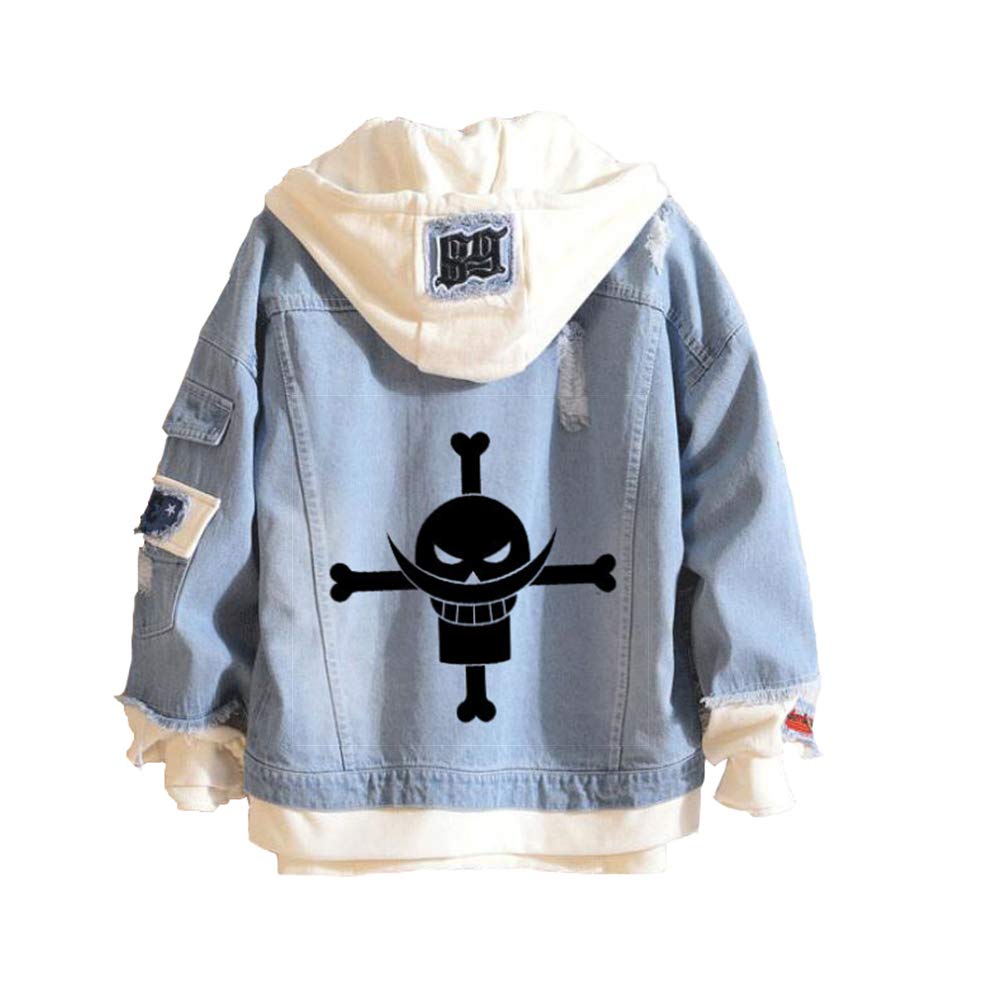 FS LIFE One Piece Anime Denim Jacket Graphic Hoodie - Cool Anime Cosplay Hooded Sweatshirt for Men & Women | Perfect for Halloween, Comic Con, and Anime Convention Outfits
