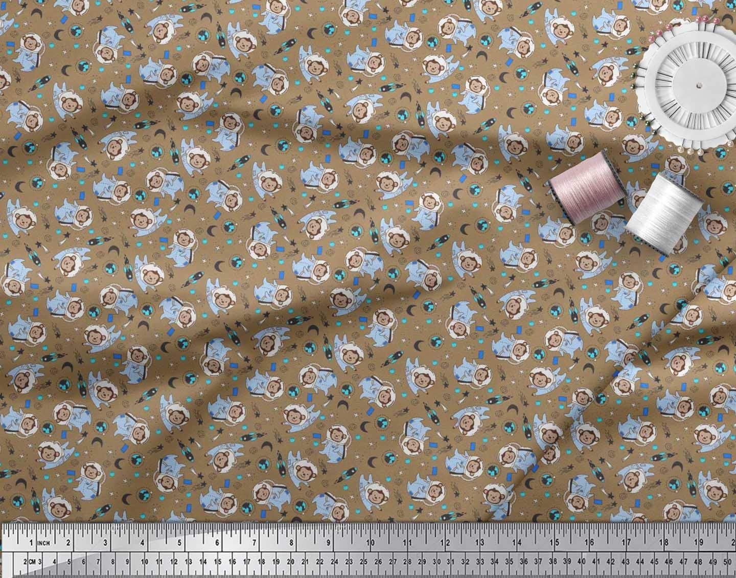 Soimoi Rayon Brown Fabric by The Yard - 42 Inch Wide - Rocket Planet Astronaut Monkey Cartoon Kids Textile - Cosmic Playful Printed Fabric for Kids Fashion, DIY Projects, Costumes & Home Decor