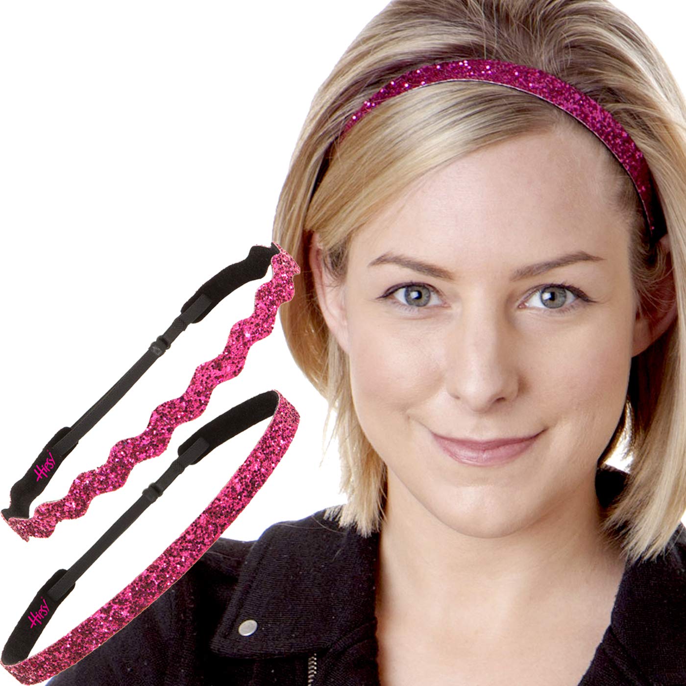 Sparkly Bling Adjustable No-Slip Headbands for Women, Girls & Teens - 2 Pack Mixed Colors (Hot Pink Glitter) - Perfect for Sports, Workouts, School & Everyday Fashion Accessories