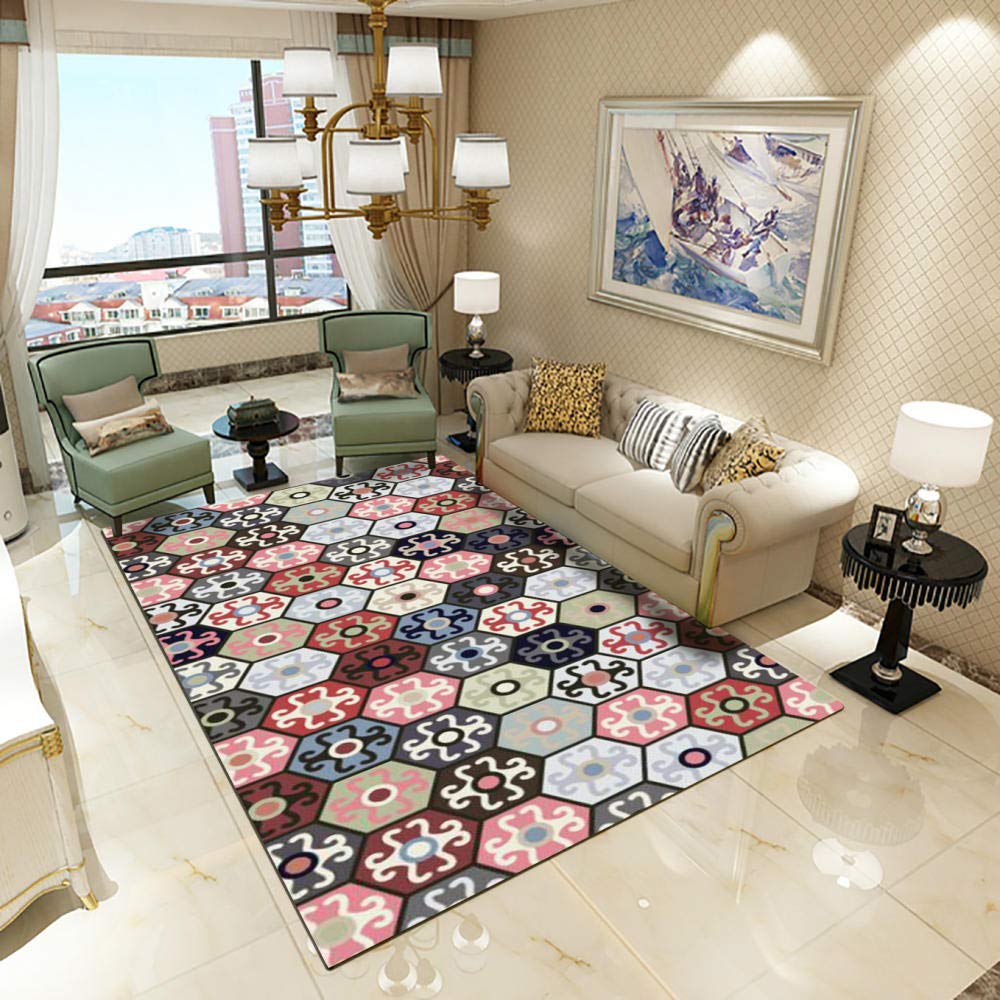 Modern Vintage Rectangular Rug for Living Room - Traditional Geometric Flower Patchwork Carpet, Soft Touch Short Pile (6mm Thick, 60x90cm) - Perfect for Boho Decor, Bedroom Accent & Cozy Home Style