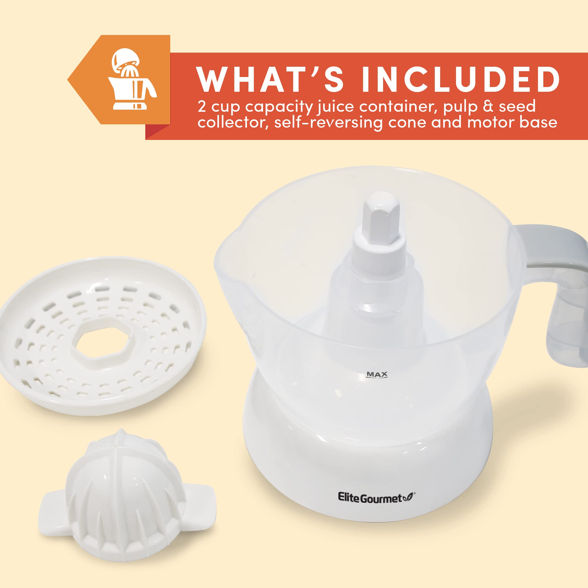 BPA-Free Electric Citrus Juicer - Elite Gourmet ETS-411 Compact Juice Extractor for Oranges, Lemons, Limes & Grapefruits with Large 16oz Capacity, Pulp Control & Easy Pour Spout - Perfect for Breakfast, Cocktails & Healthy Juicing (White)