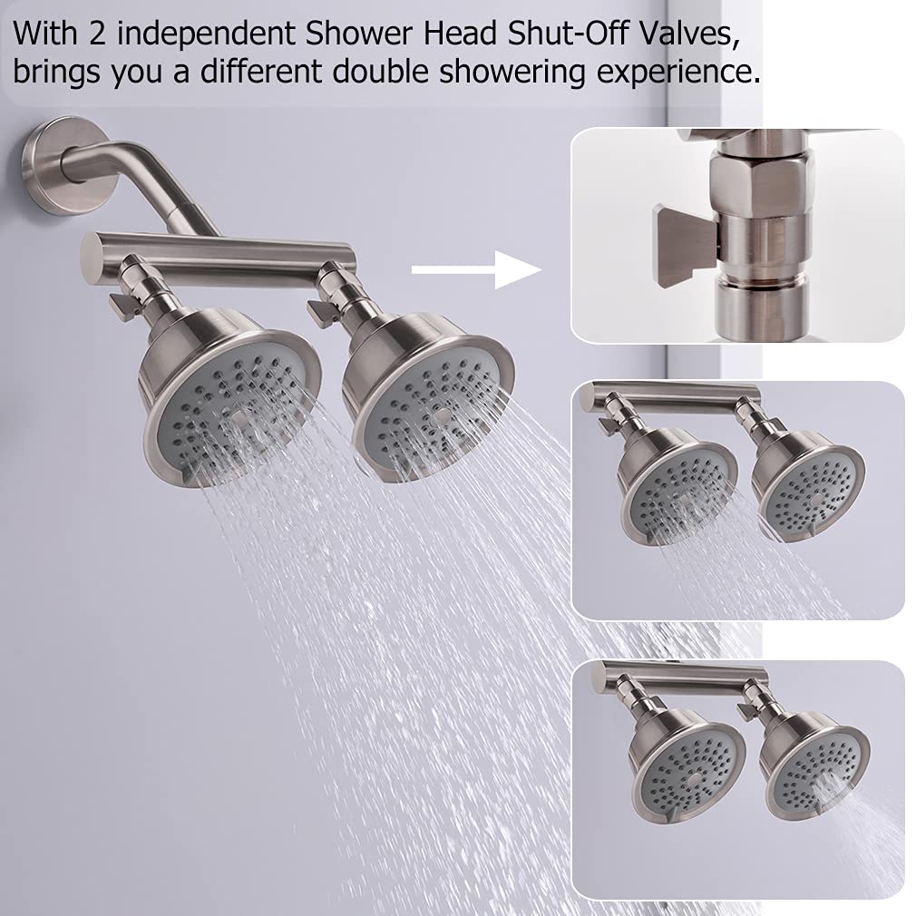 Double Shower Head with Shut-Off Valves - High Pressure 3 Function Sprayers in Brushed Nickel - Perfect for Bathing, Water Conservation & Spa-Like Experience