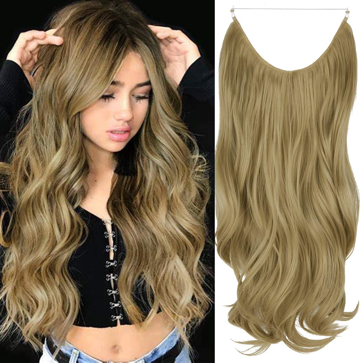 20 Inch Synthetic Hair Extensions Headband for Women – No Clip, Hidden Wire, Wave Thick Hairpiece (Ash Blonde, 4.4 Oz) – Perfect for Parties, Weddings & Daily Styling
