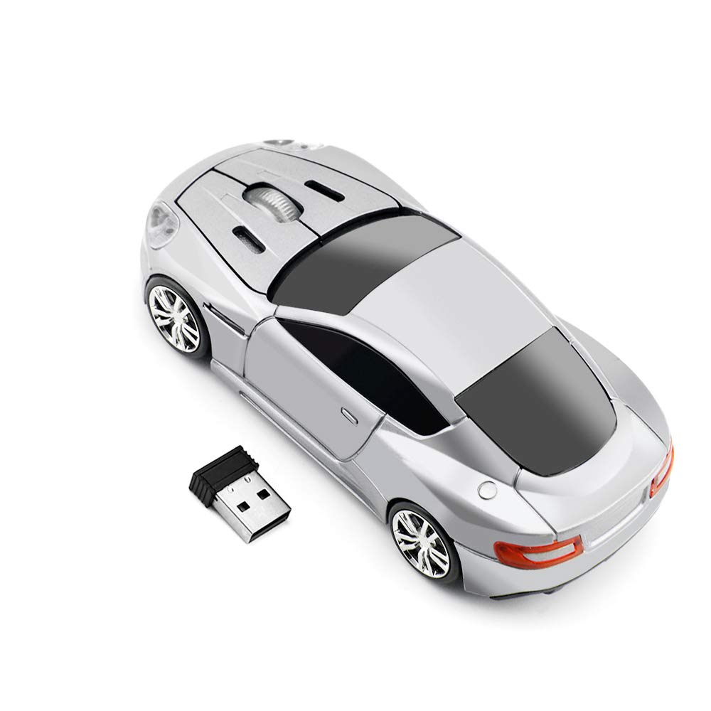 Wireless 3D Optical Sports Car Mouse - 2.4GHz 1000DPI LED Gaming Mouse for PC Laptop Desktop - Perfect for Gaming, Office Work & Home Use (Silver)