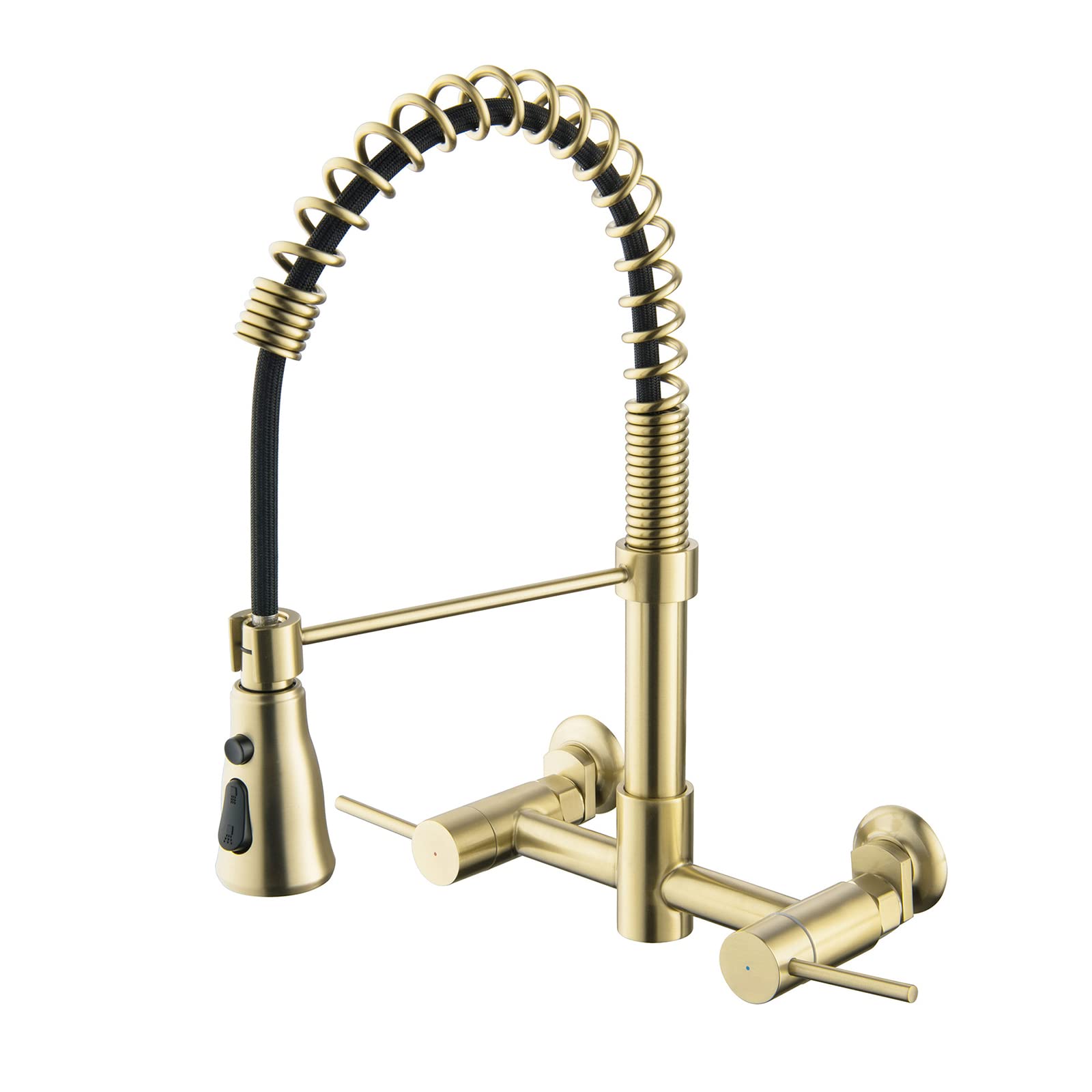 TBFL Brushed Gold Stainless Steel Wall Mounted Kitchen Faucet with Pull Down Sprayer - 2 Handle High Arc Design for Modern Kitchens | Perfect for Washing Dishes, Filling Pots & Daily Kitchen Tasks