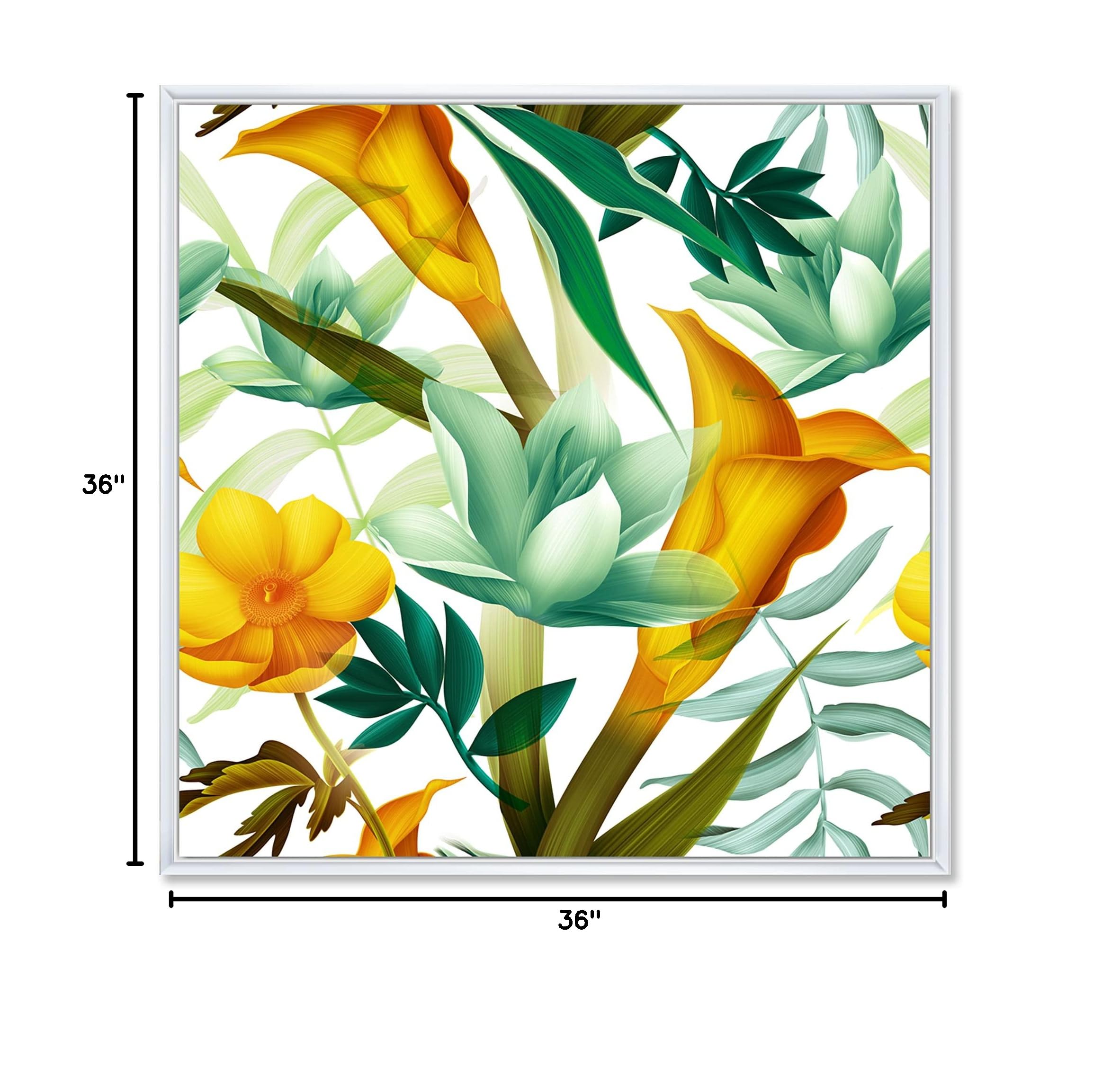 DesignQ Tropical Foliage & Yellow Flowers III - Modern Framed Canvas Wall Art Print for Living Room, Bedroom & Office Decor
