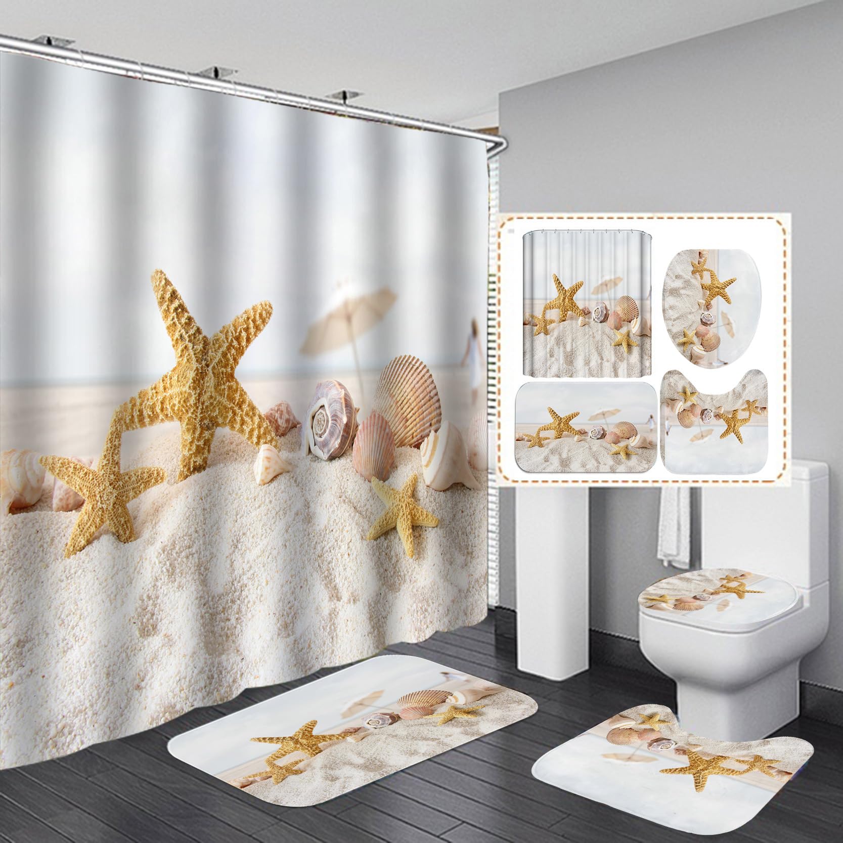 4PCS Non-Slip Yellow Starfish Seashell Shower Curtain Set with Bath Mat Rug - Coastal Ocean Beach Theme Bathroom Decor for Kids & Adults - Includes Pedestal Mat, Toilet Cover & 12 Hooks - Perfect for Beach House, Vacation Rental or Nautical Style Bathroom