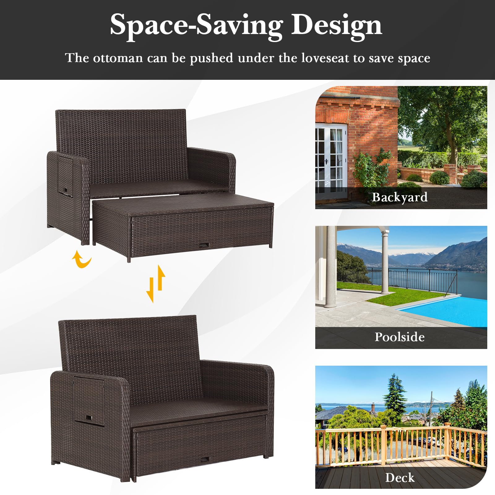 Tangkula Outdoor Rattan Daybed Set with Adjustable Backrest, Wicker Loveseat Sofa, Ottoman & Side Tray - Patio Furniture for Garden, Poolside, Balcony (Black) - Includes Storage Footstool & Cushions