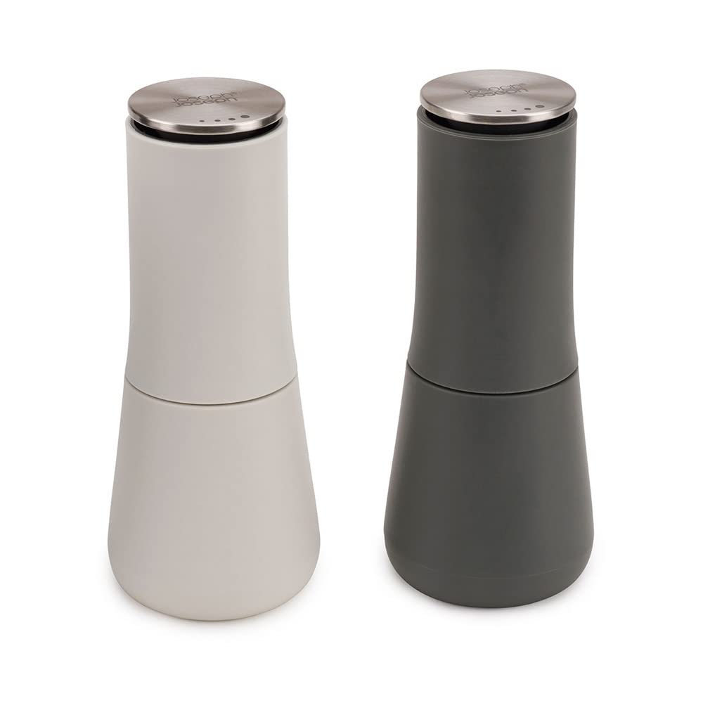 Joseph Joseph Milltop Adjustable Salt and Pepper Grinder Set - Dark Gray & White 2-Piece Spice Mill for Kitchen, Dining Table, and Outdoor Cooking - Coarse to Fine Grind Control