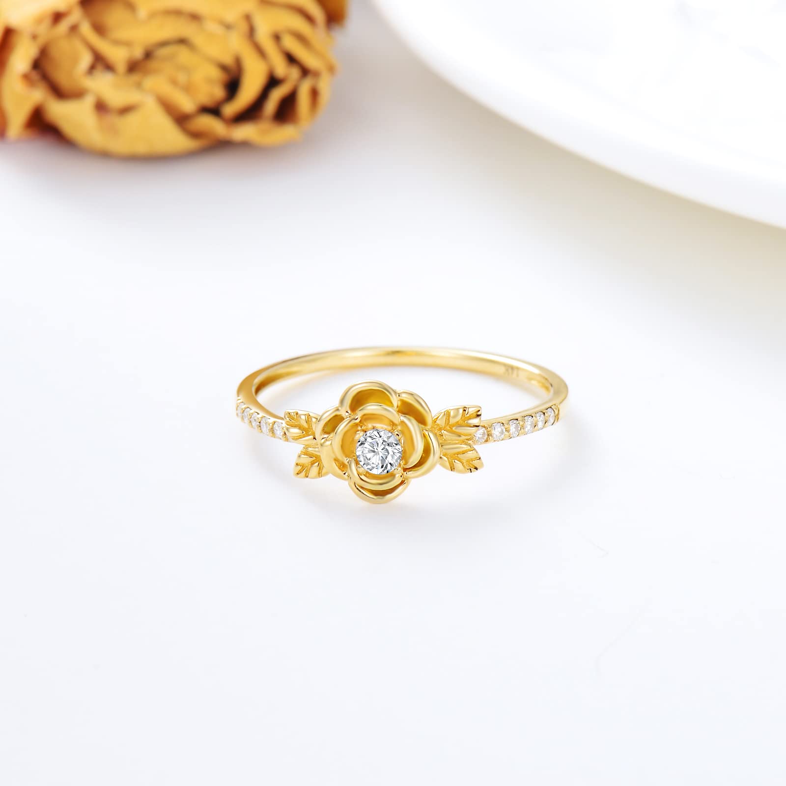 14K Real Gold Rose Flower Ring for Women - Yellow Gold Natural Diamond Engagement Ring, Wedding Band, Anniversary & Birthday Gift for Her - Perfect for Proposals, Weddings, and Special Occasions